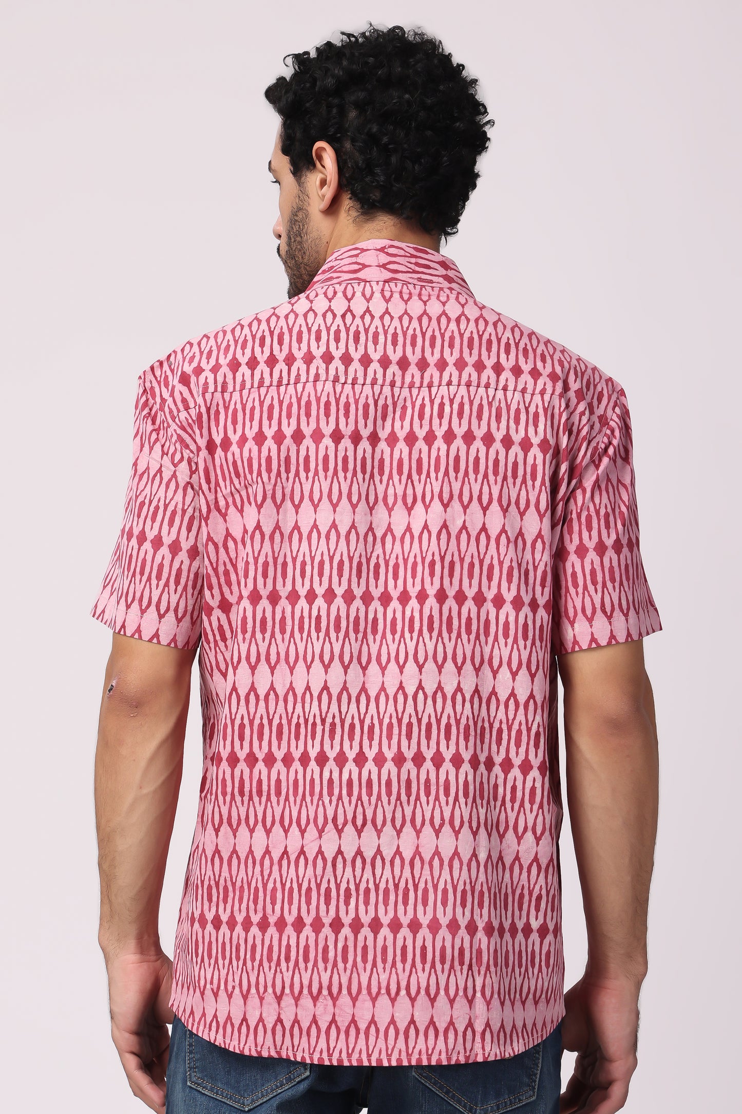 Men's Hand block Ikat printed Organic cotton Shirt (Pink)