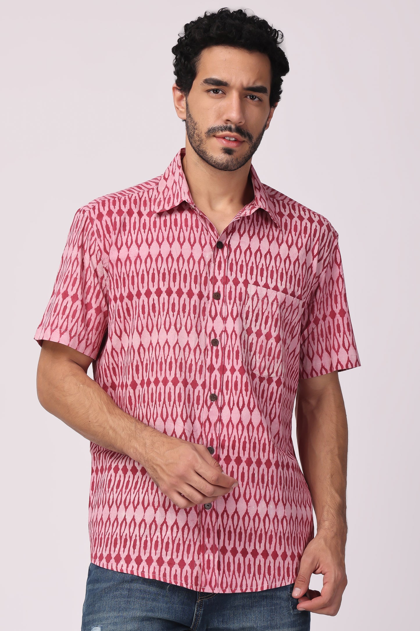 Men's Hand block Ikat printed Organic cotton Shirt (Pink)