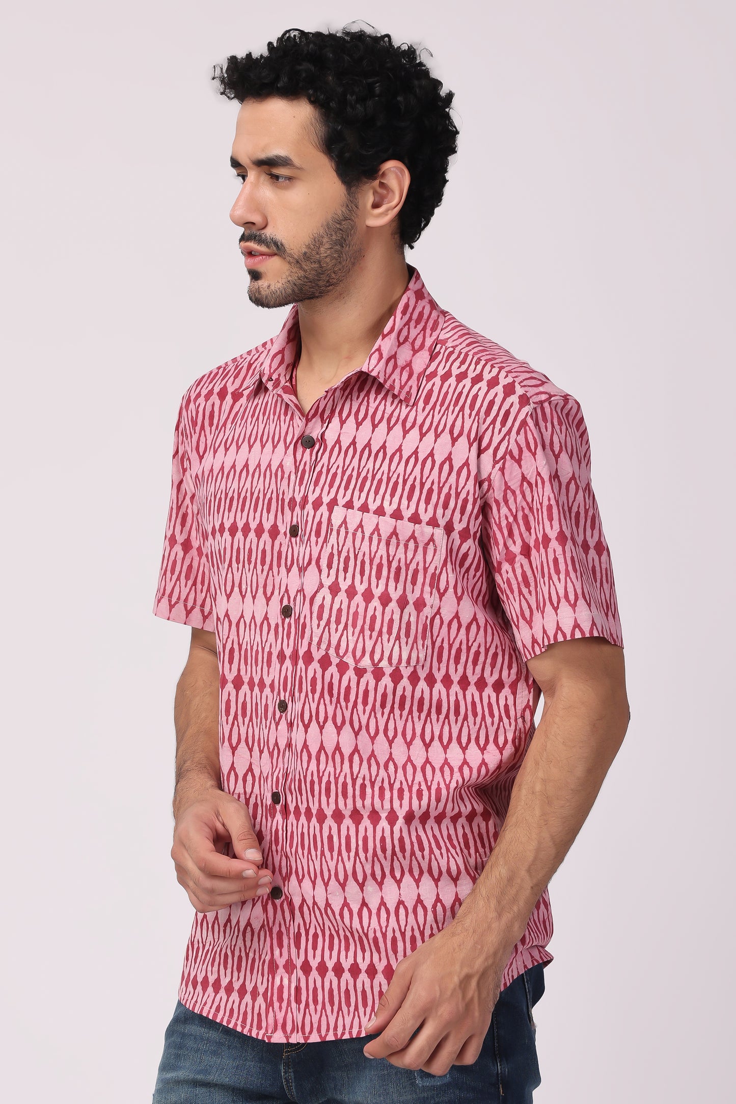 Men's Hand block Ikat printed Organic cotton Shirt (Pink)