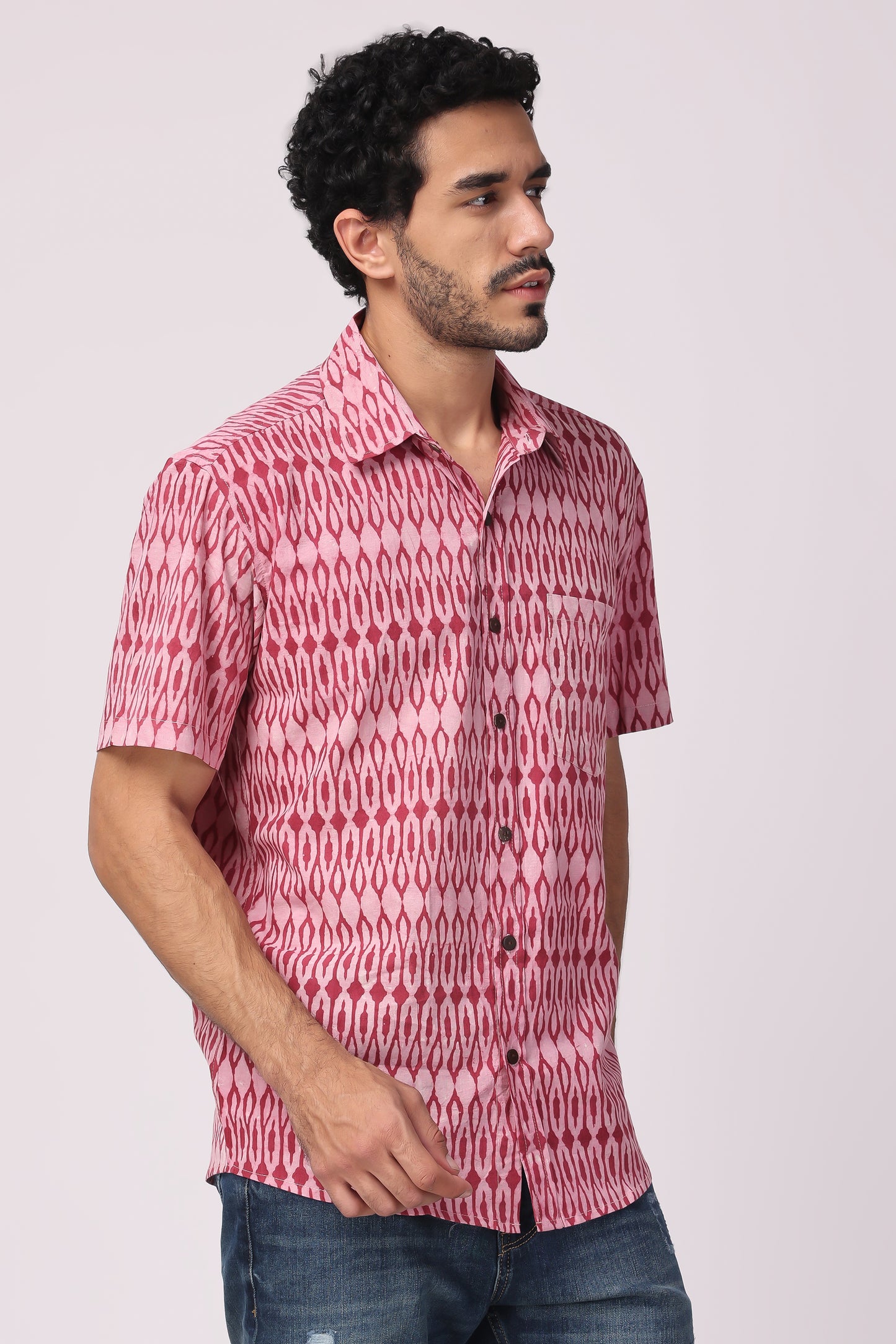 Men's Hand block Ikat printed Organic cotton Shirt (Pink)