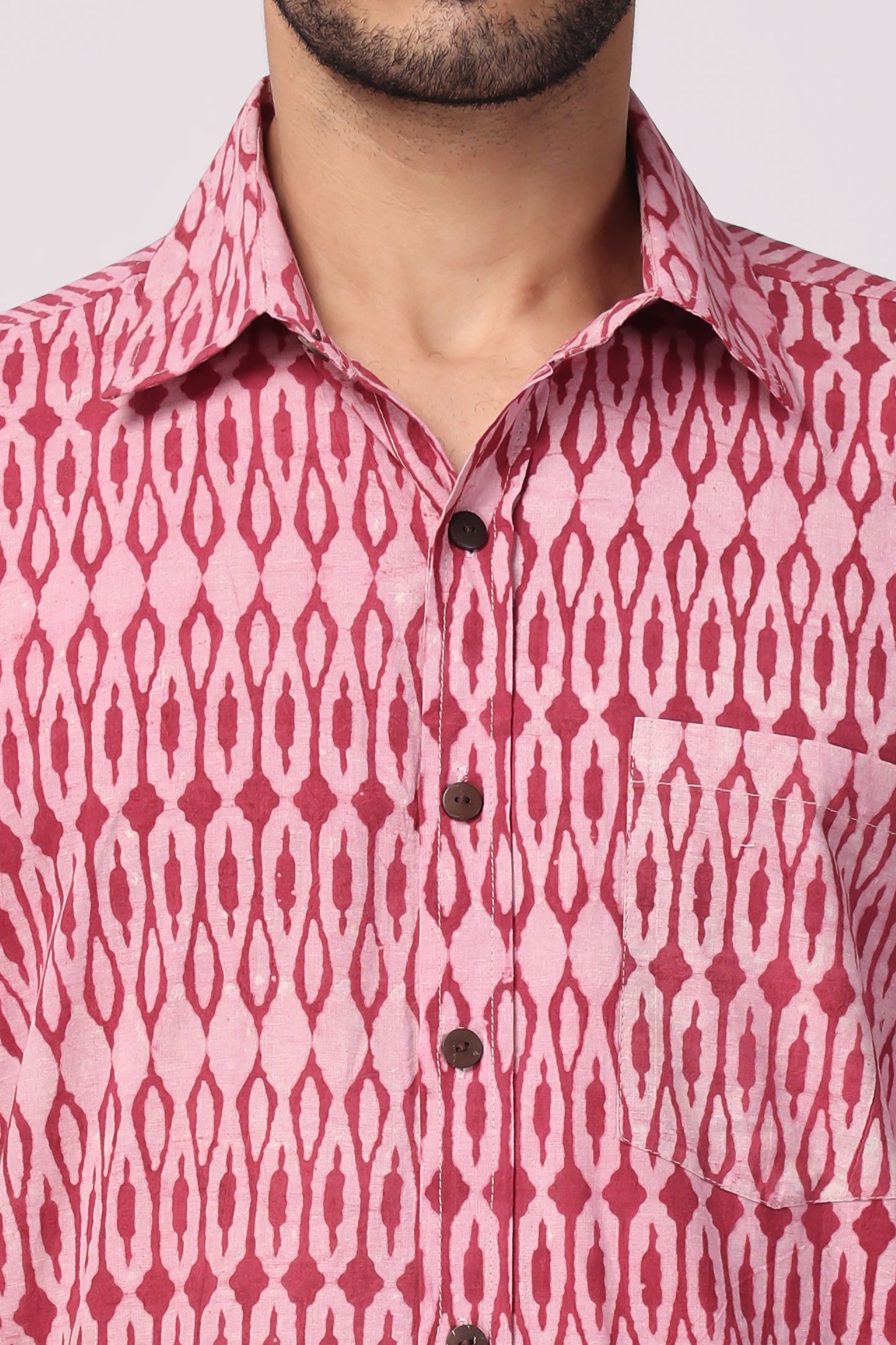 Men's Hand block Ikat printed Organic cotton Shirt (Pink)
