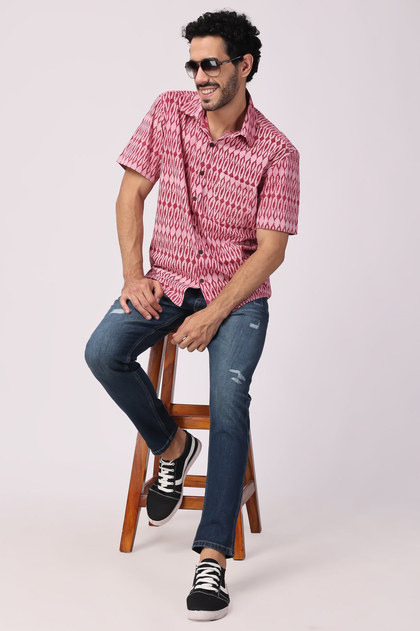 Men's Hand block Ikat printed Organic cotton Shirt (Pink)