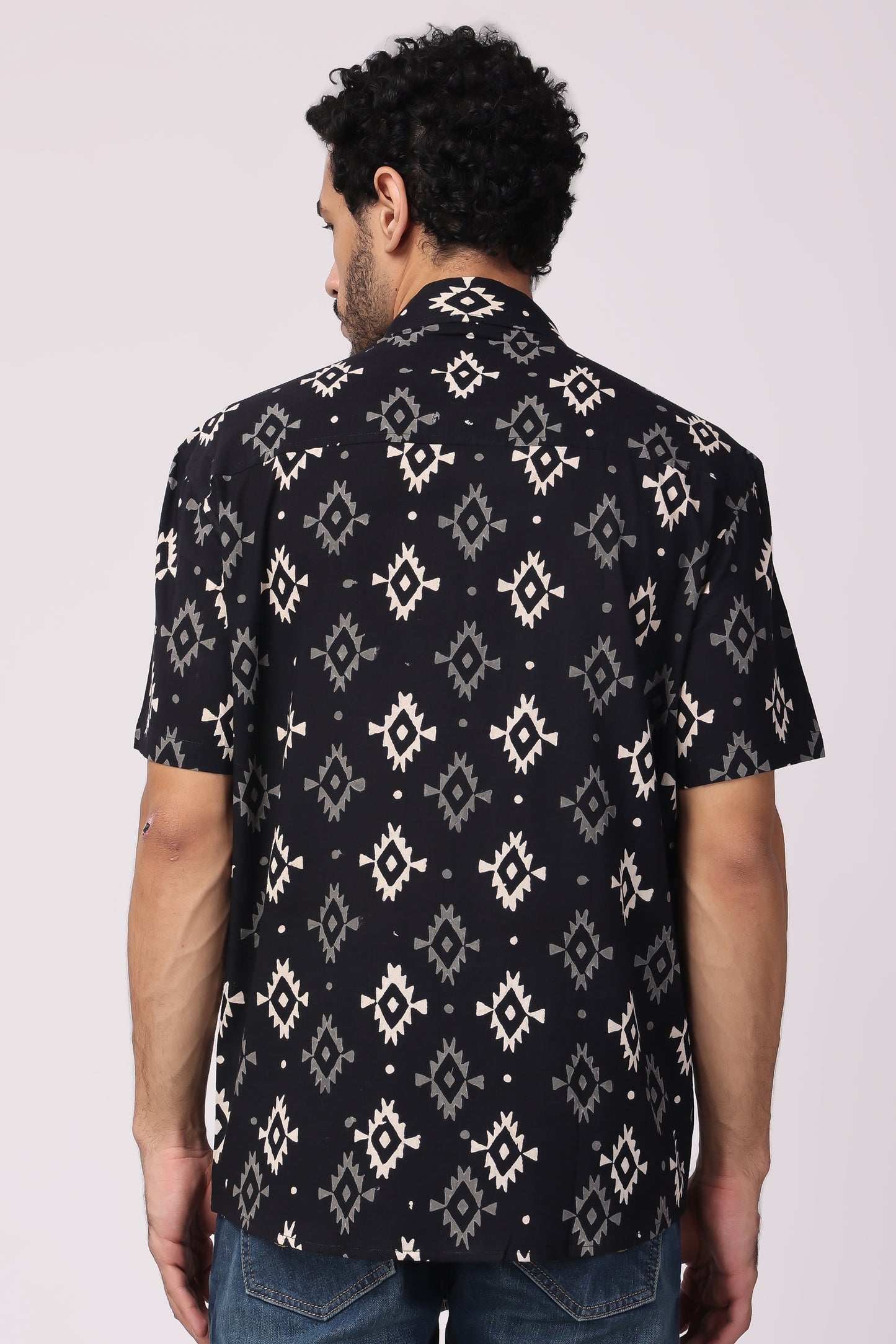 Men's handblocked boho black organic cotton shirt