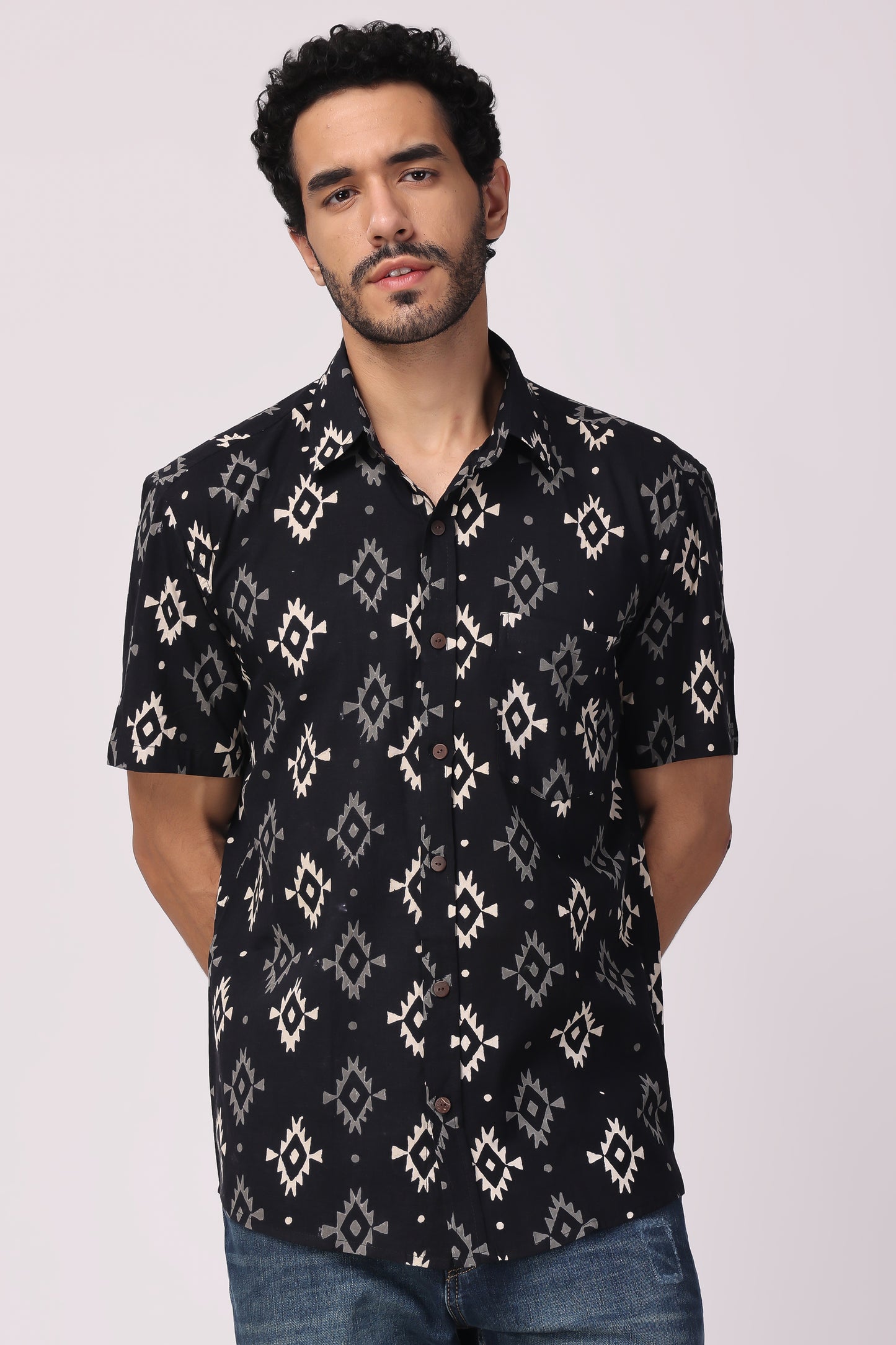 Men's handblocked boho black organic cotton shirt