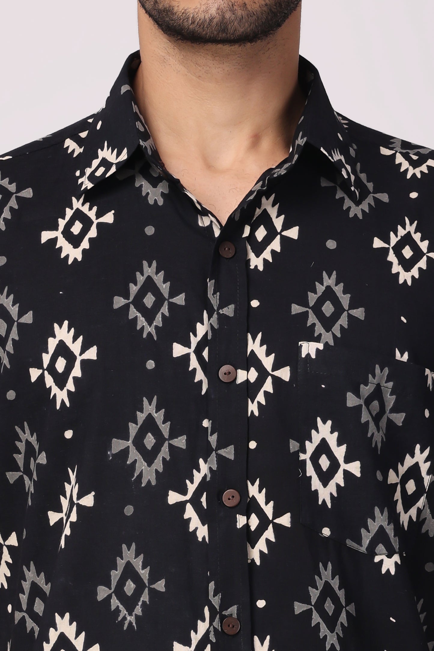 Men's handblocked boho black organic cotton shirt