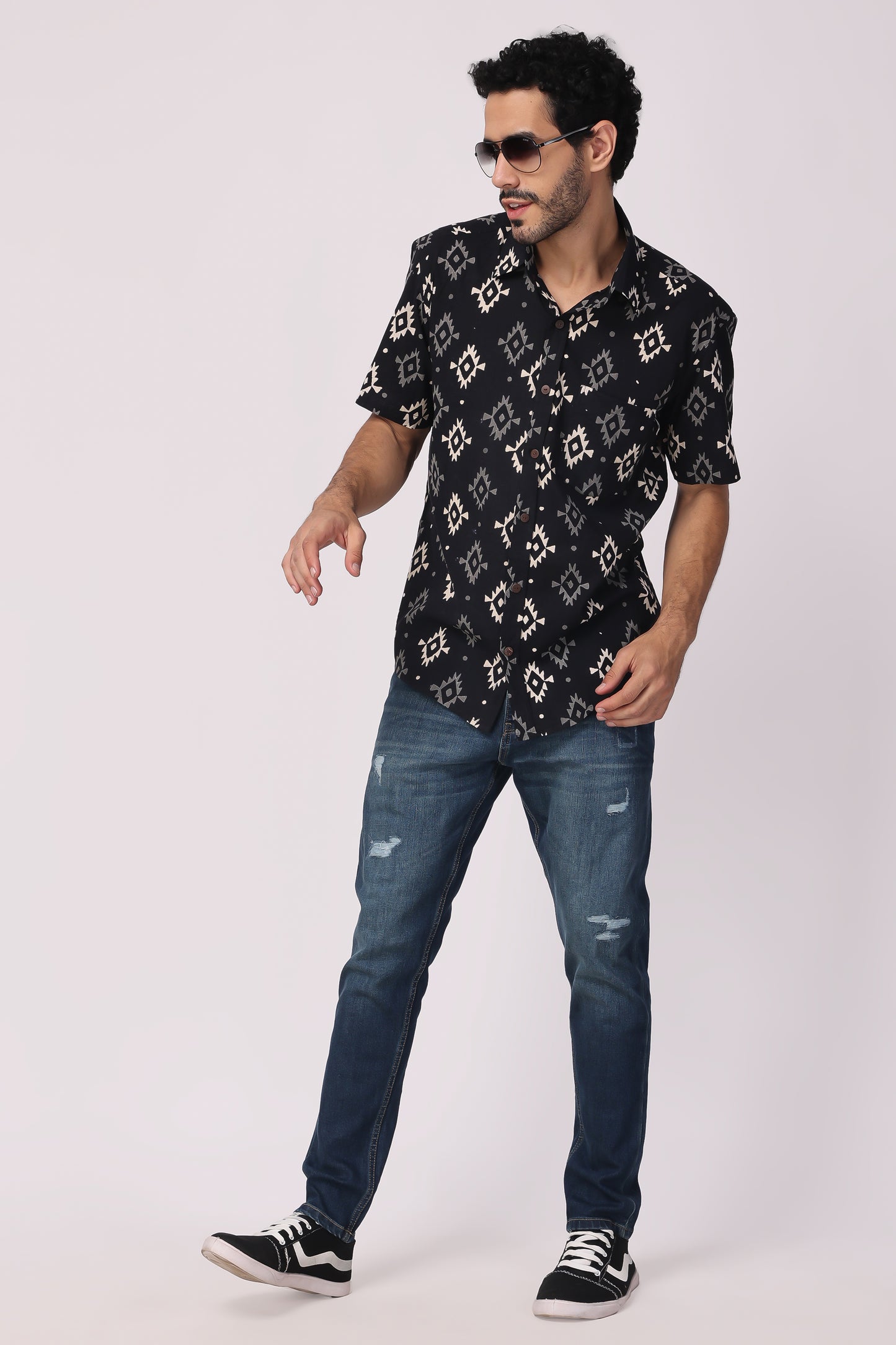 Men's handblocked boho black organic cotton shirt