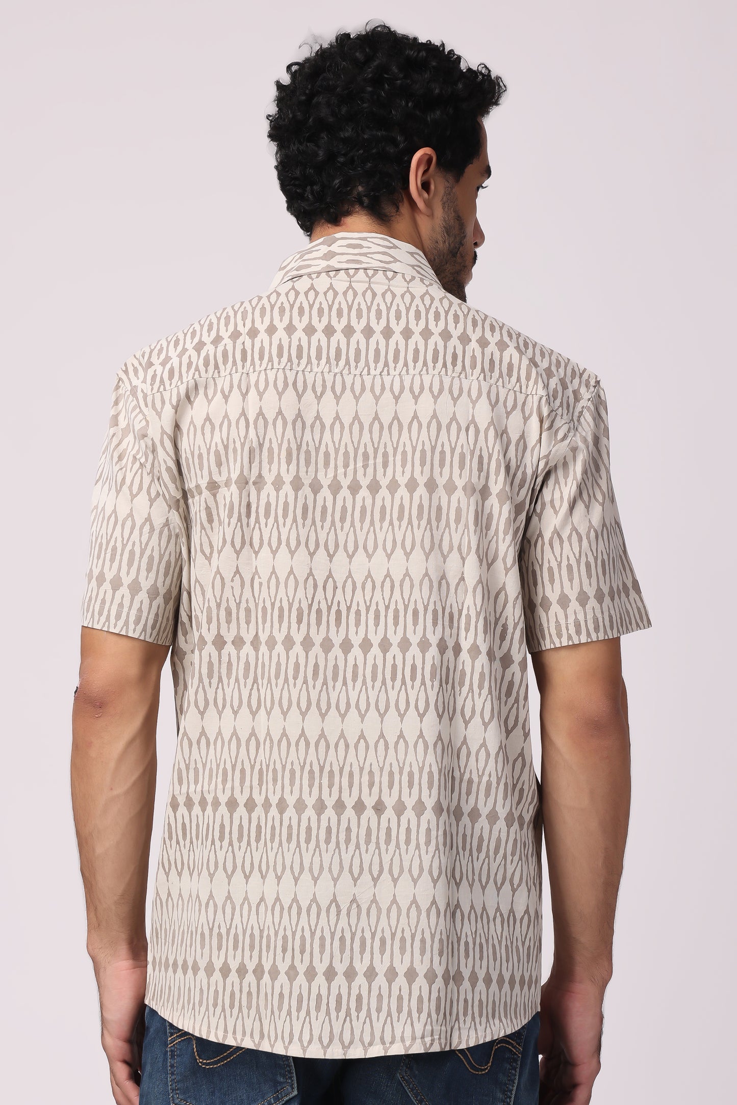 Men's handblocked beige /ikat organic cotton shirt