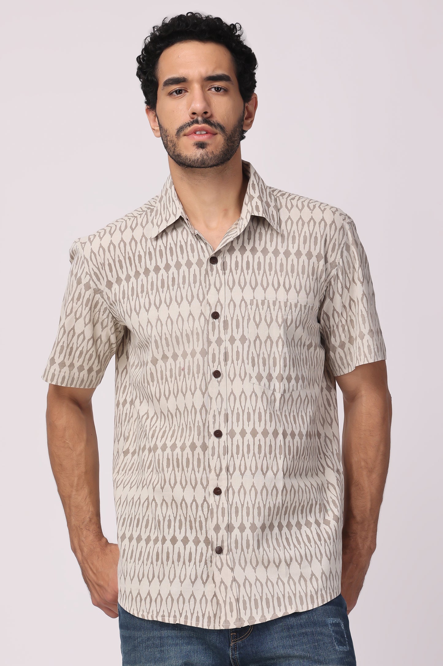 Men's handblocked beige /ikat organic cotton shirt