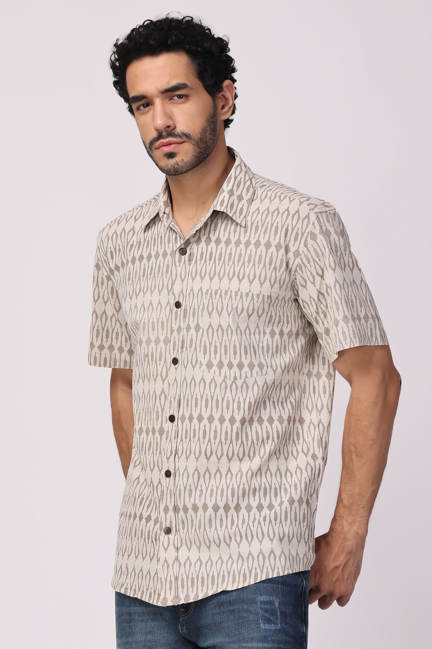Men's handblocked beige /ikat organic cotton shirt