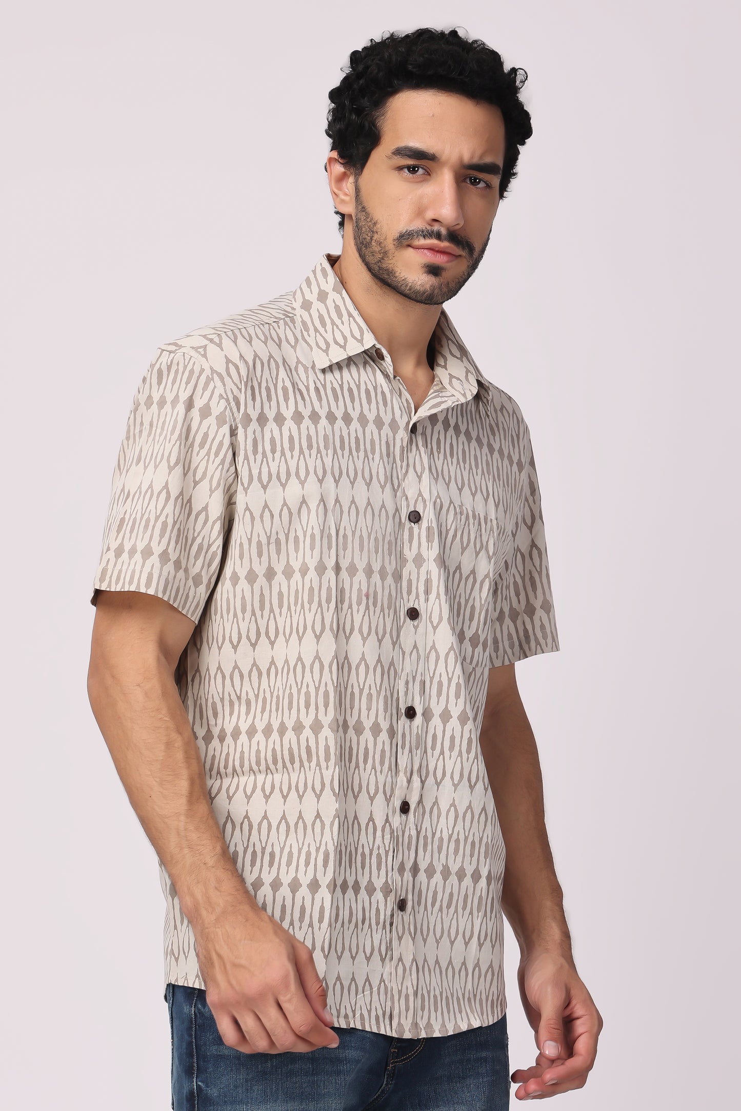 Men's handblocked beige /ikat organic cotton shirt