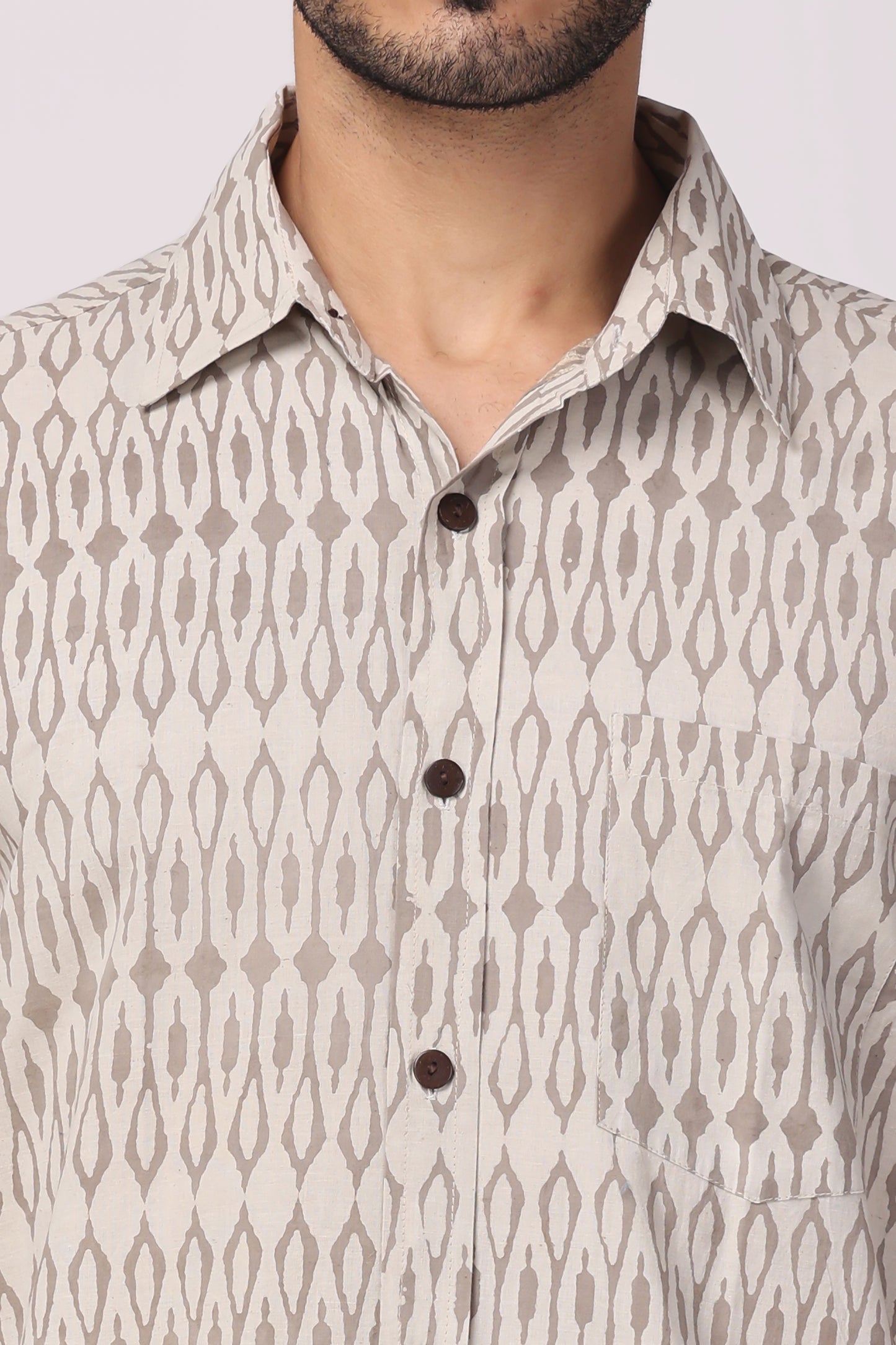 Men's handblocked beige /ikat organic cotton shirt