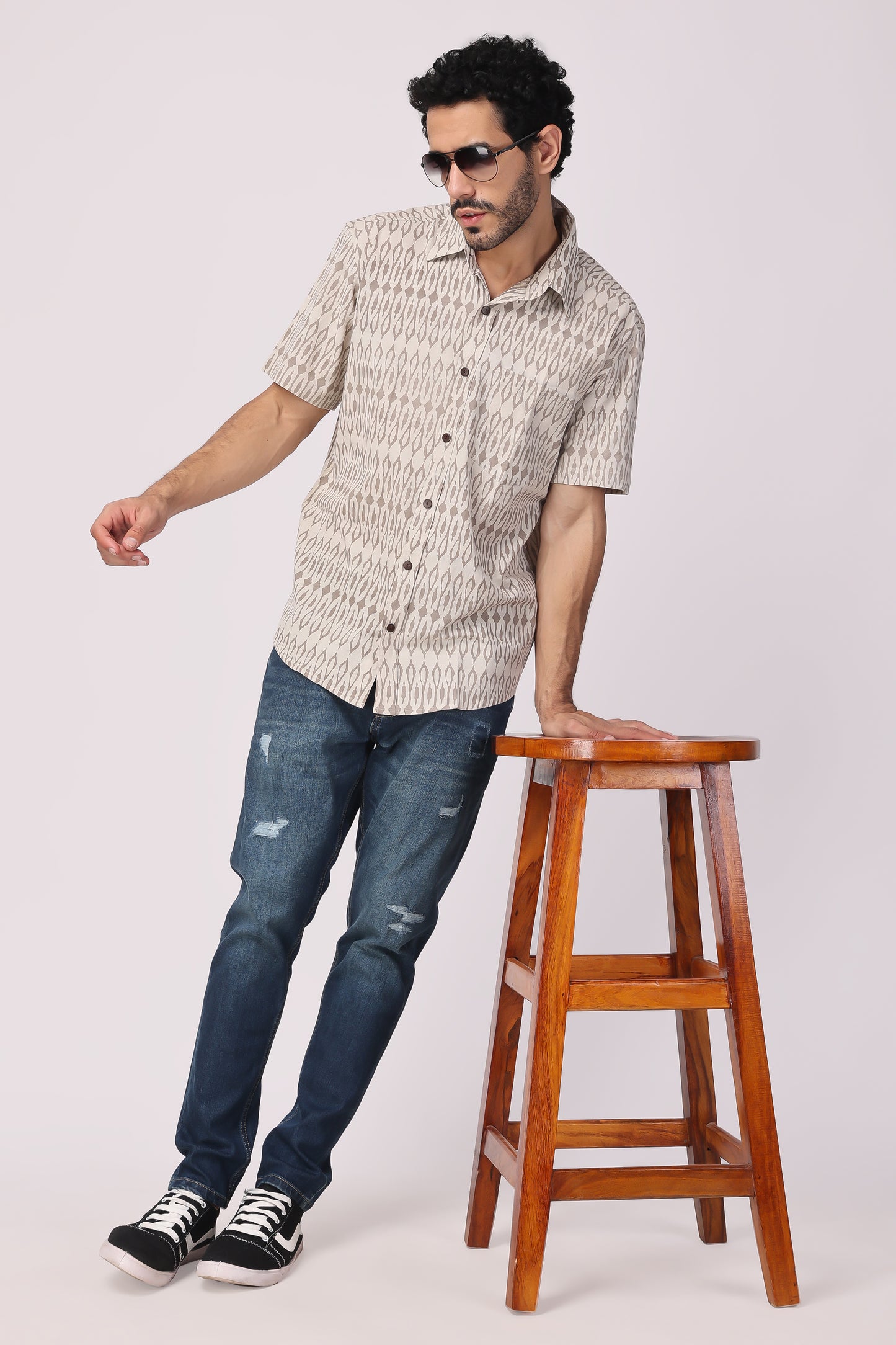 Men's handblocked beige /ikat organic cotton shirt