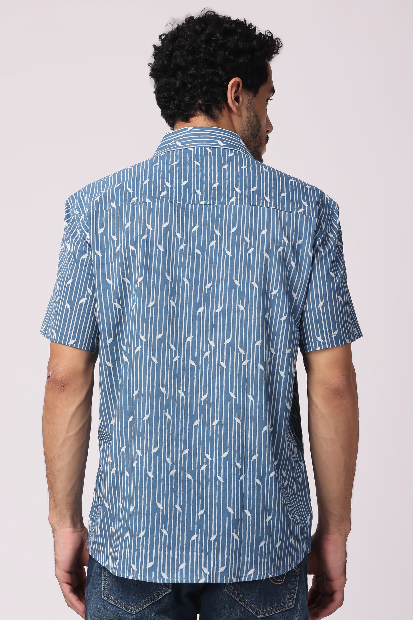Men's Handblocked indigo / lehriya organic cotton shirt