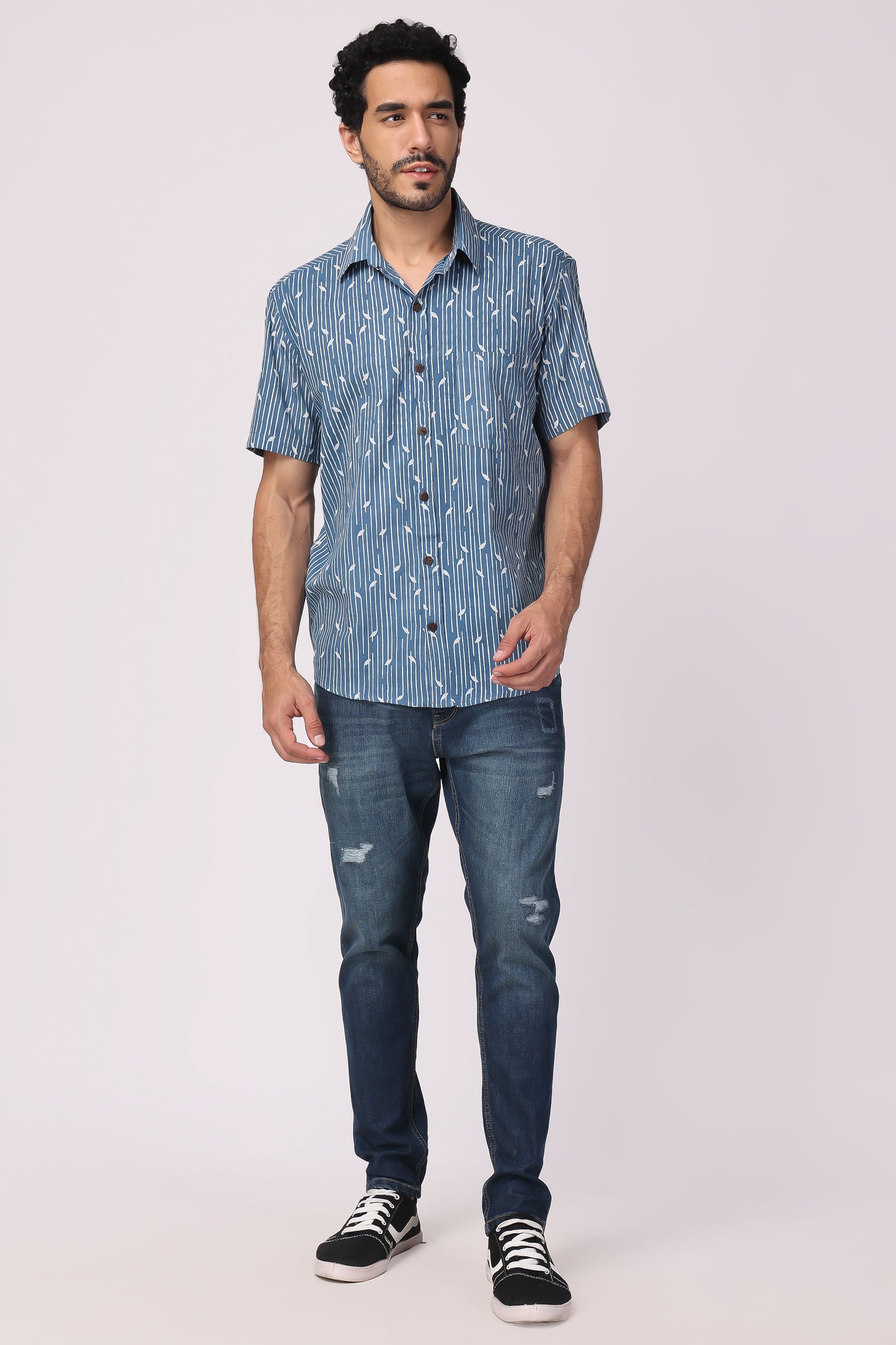 Men's Handblocked indigo / lehriya organic cotton shirt