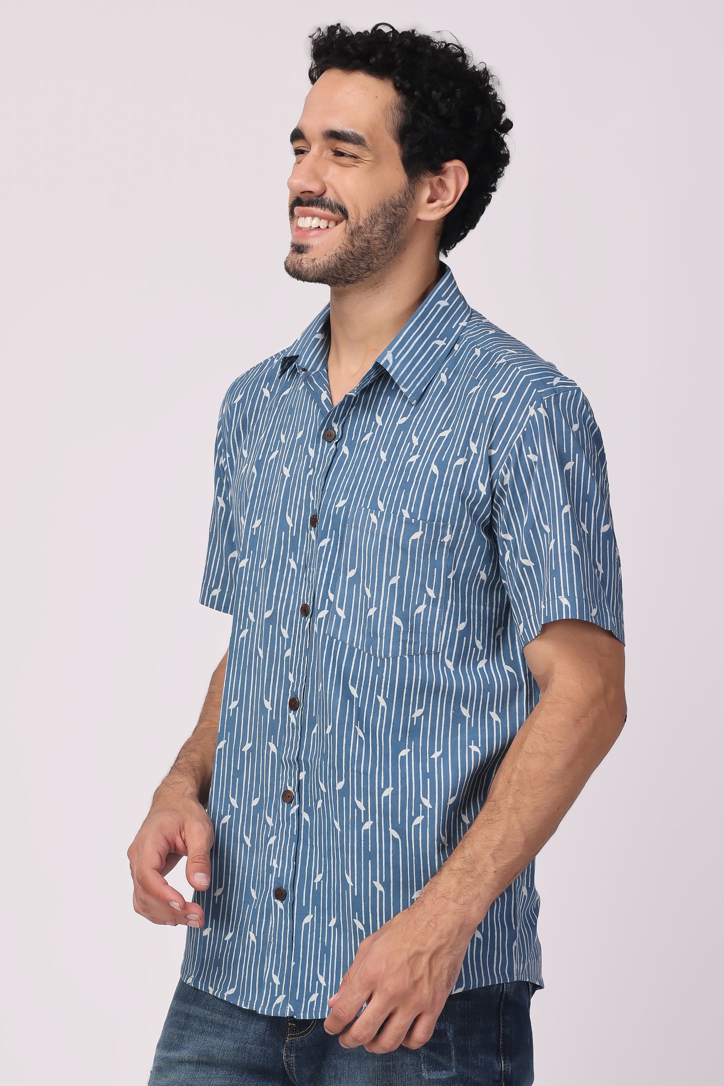 Men's Handblocked indigo / lehriya organic cotton shirt