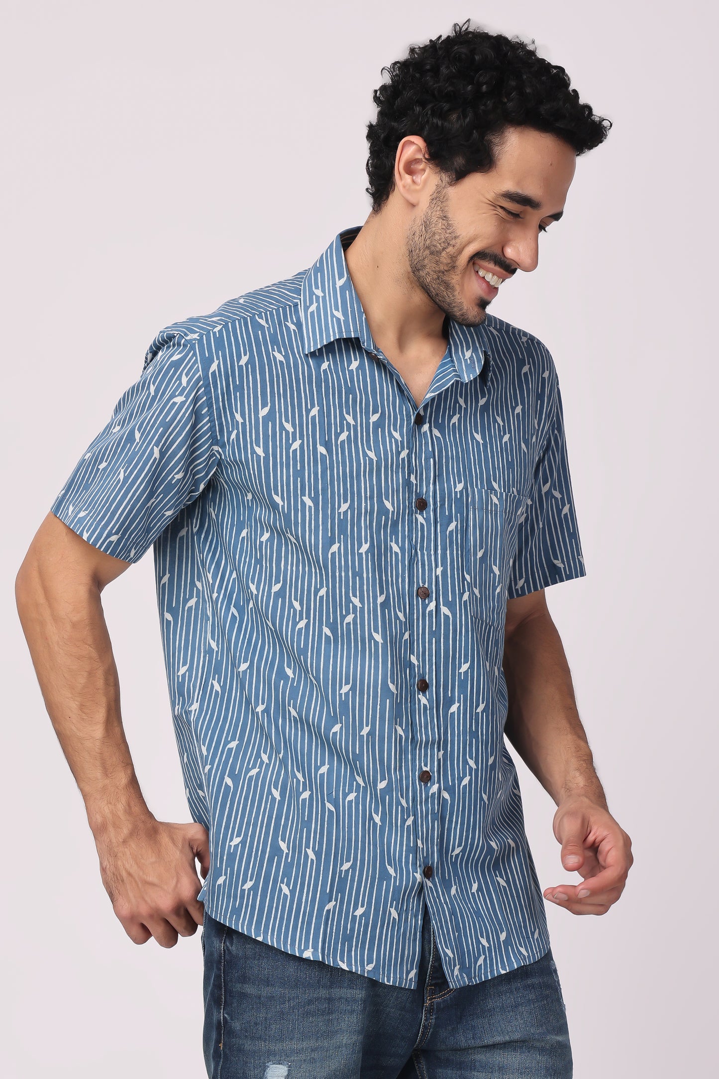 Men's Handblocked indigo / lehriya organic cotton shirt