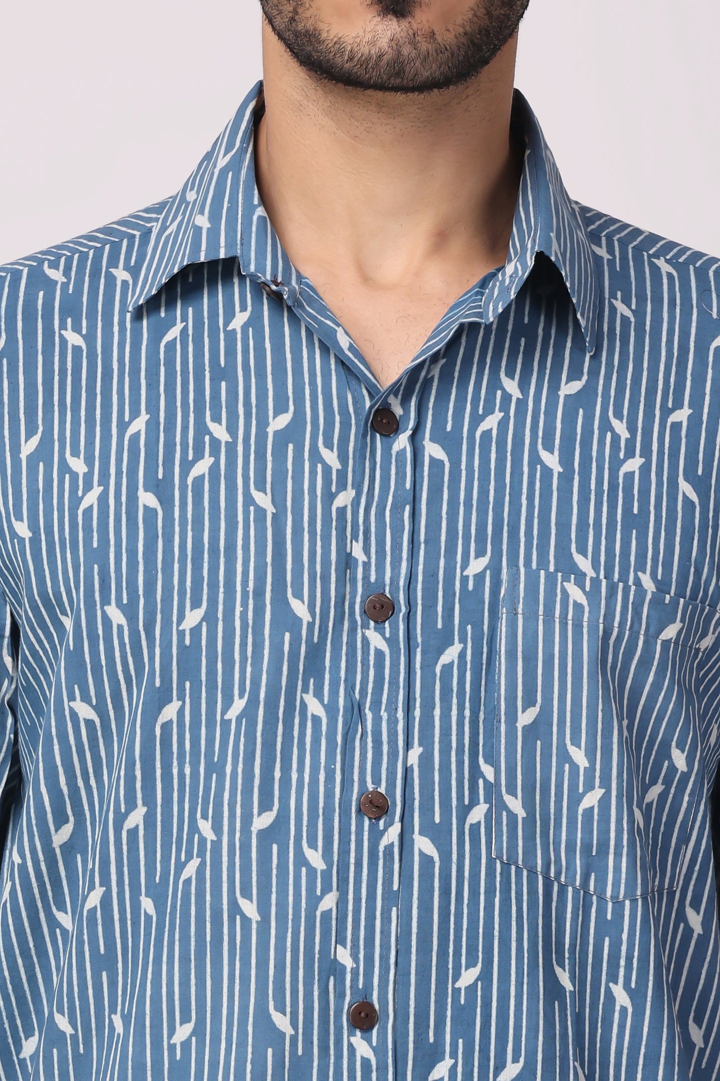 Men's Handblocked indigo / lehriya organic cotton shirt