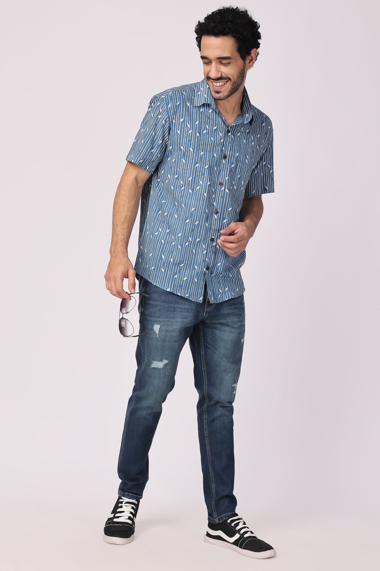 Men's Handblocked indigo / lehriya organic cotton shirt