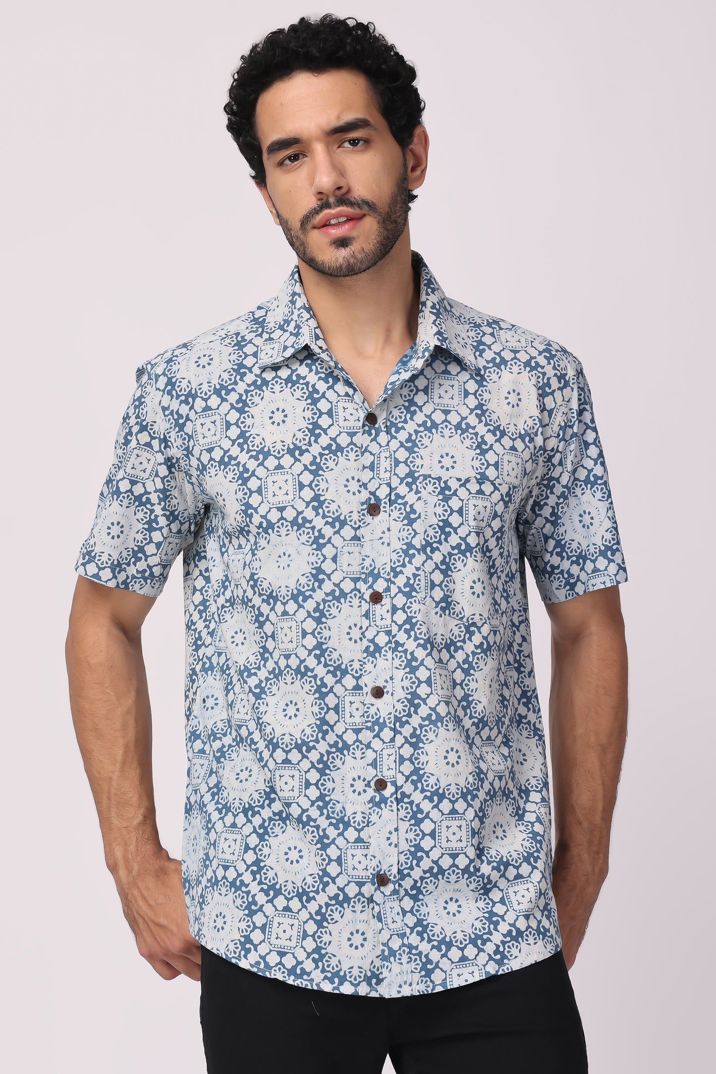 Men's Handblocked indigo / Jaipuri organic cotton shirt