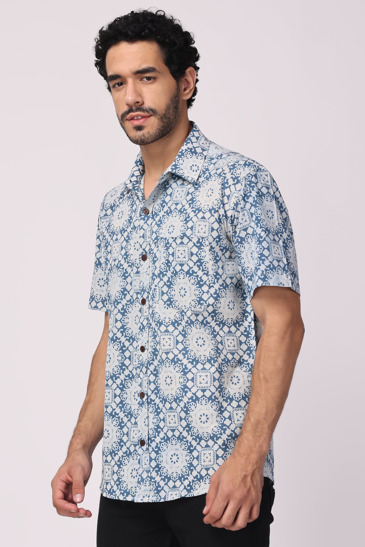 Men's Handblocked indigo / Jaipuri organic cotton shirt