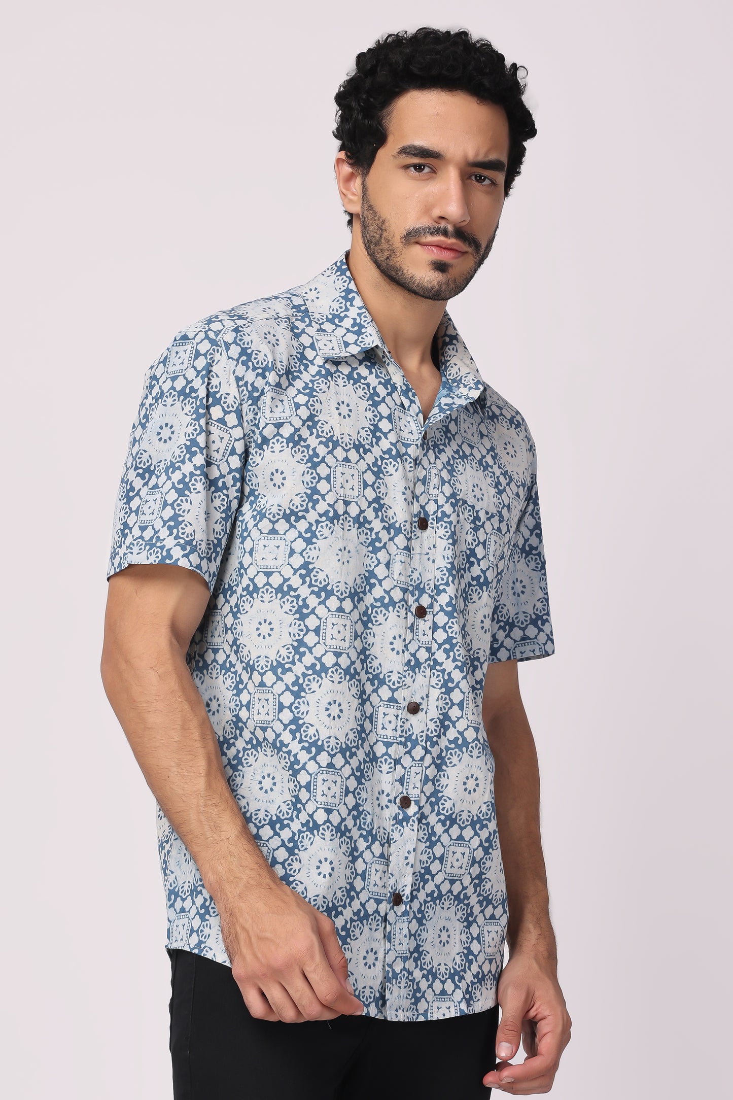 Men's Handblocked indigo / Jaipuri organic cotton shirt