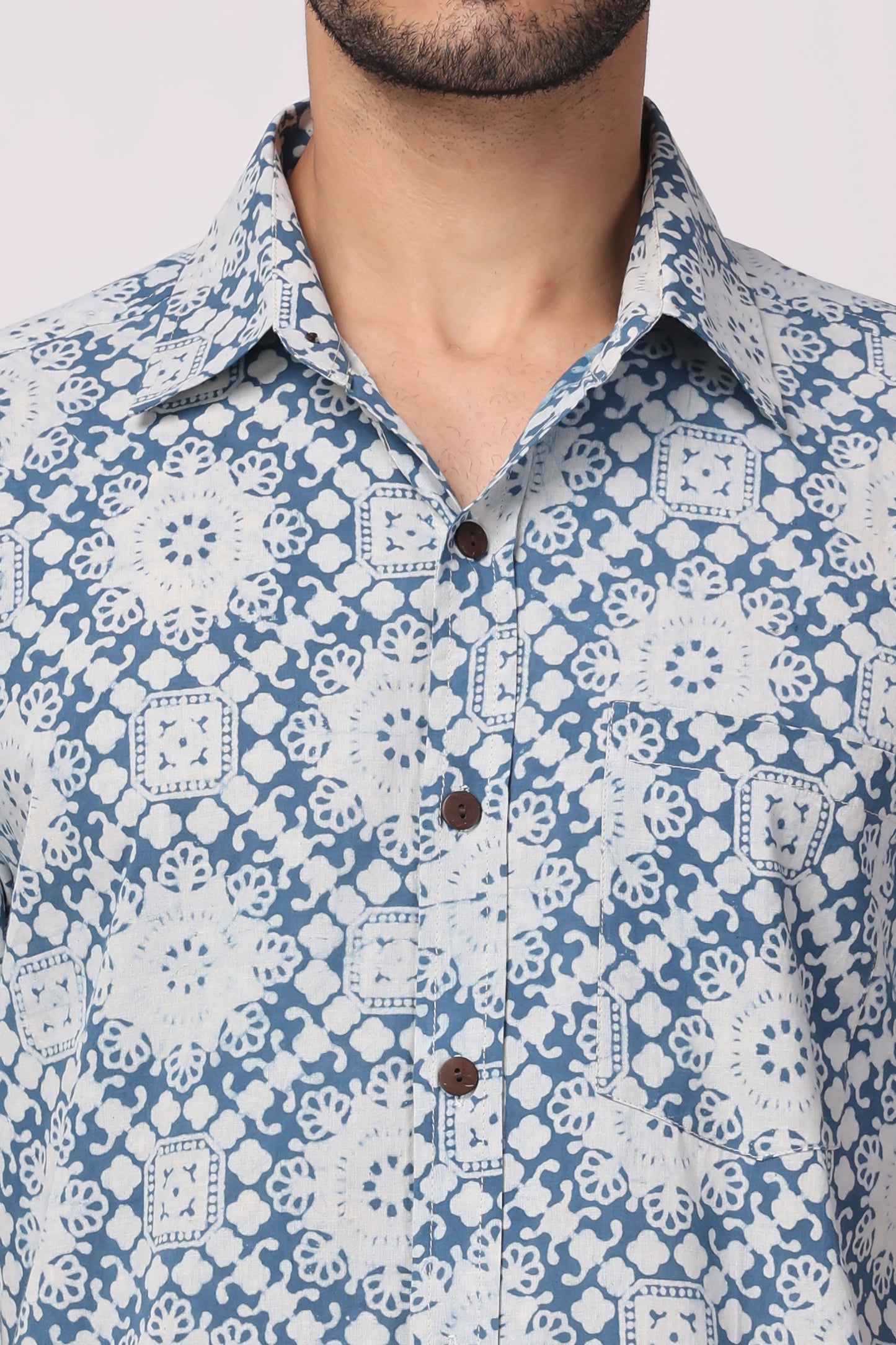 Men's Handblocked indigo / Jaipuri organic cotton shirt