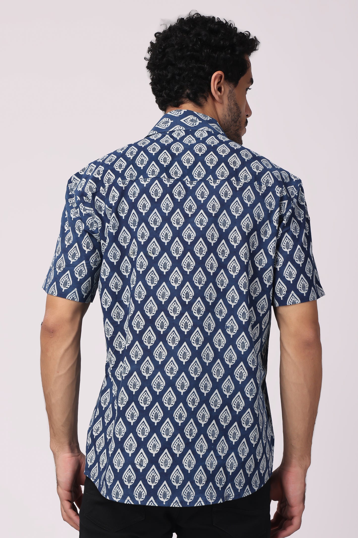 Men's handblocked Indigo/ leaf Pattern Organic cotton shirt