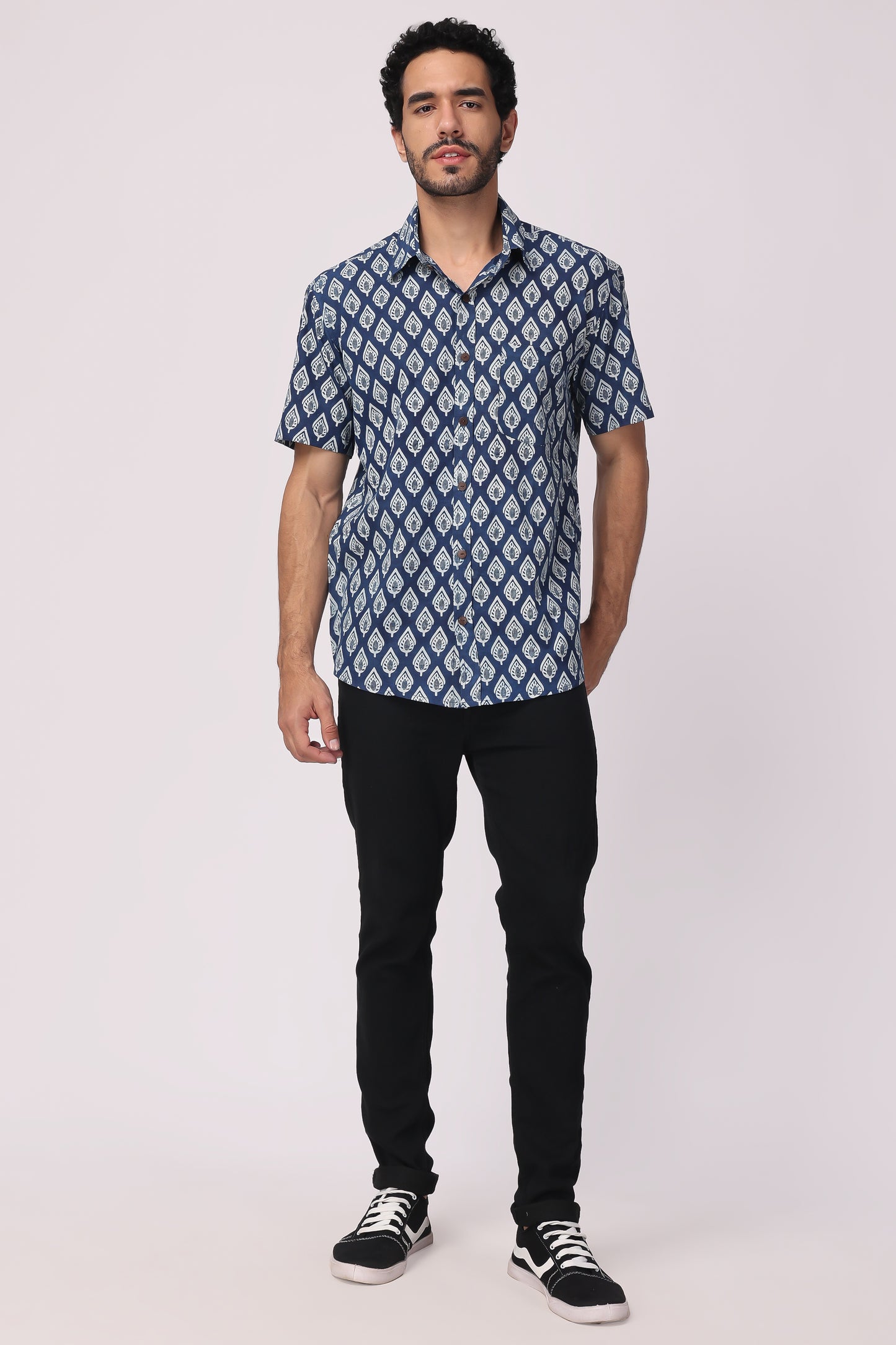 Men's handblocked Indigo/ leaf Pattern Organic cotton shirt