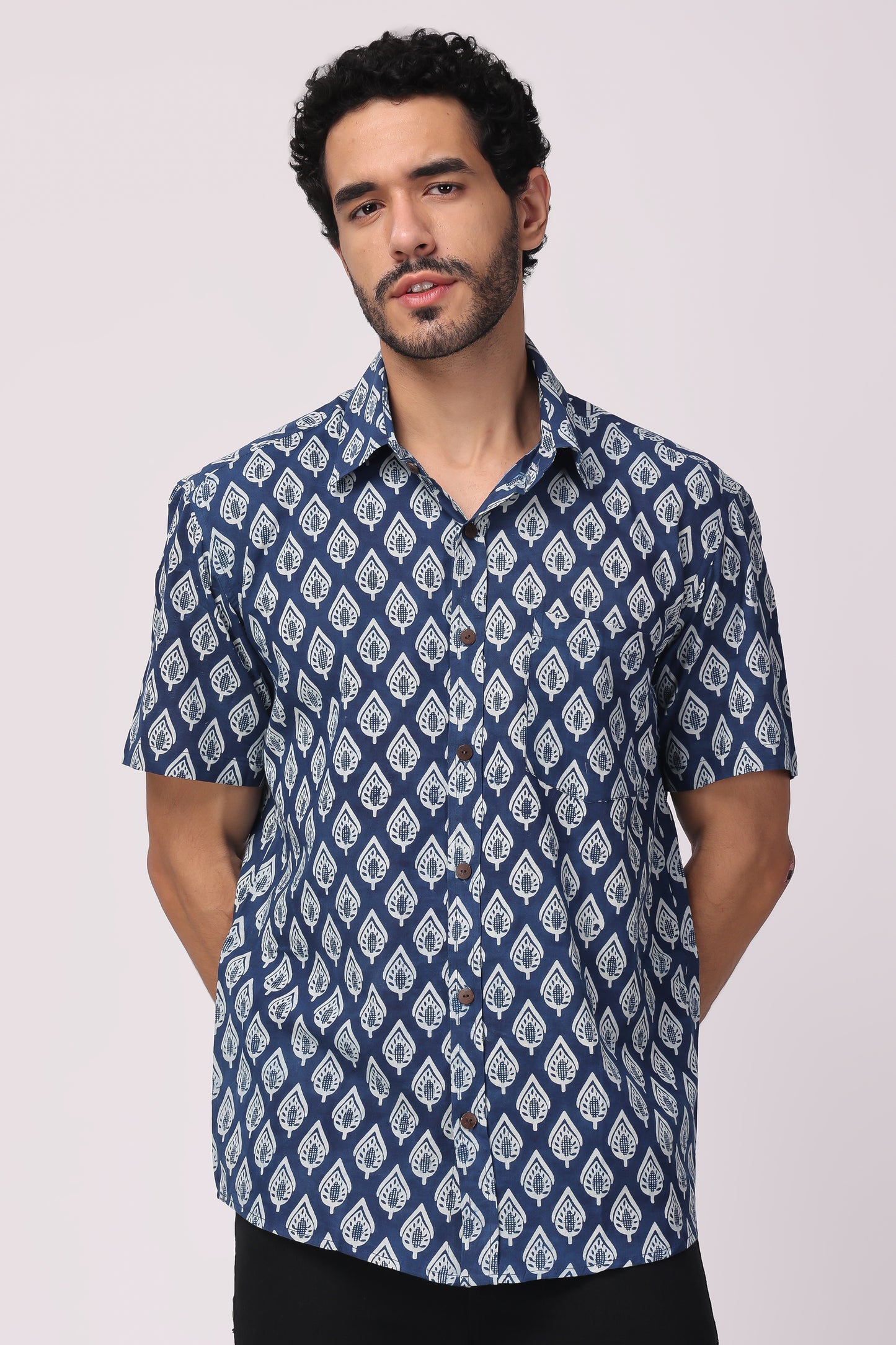 Men's handblocked Indigo/ leaf Pattern Organic cotton shirt
