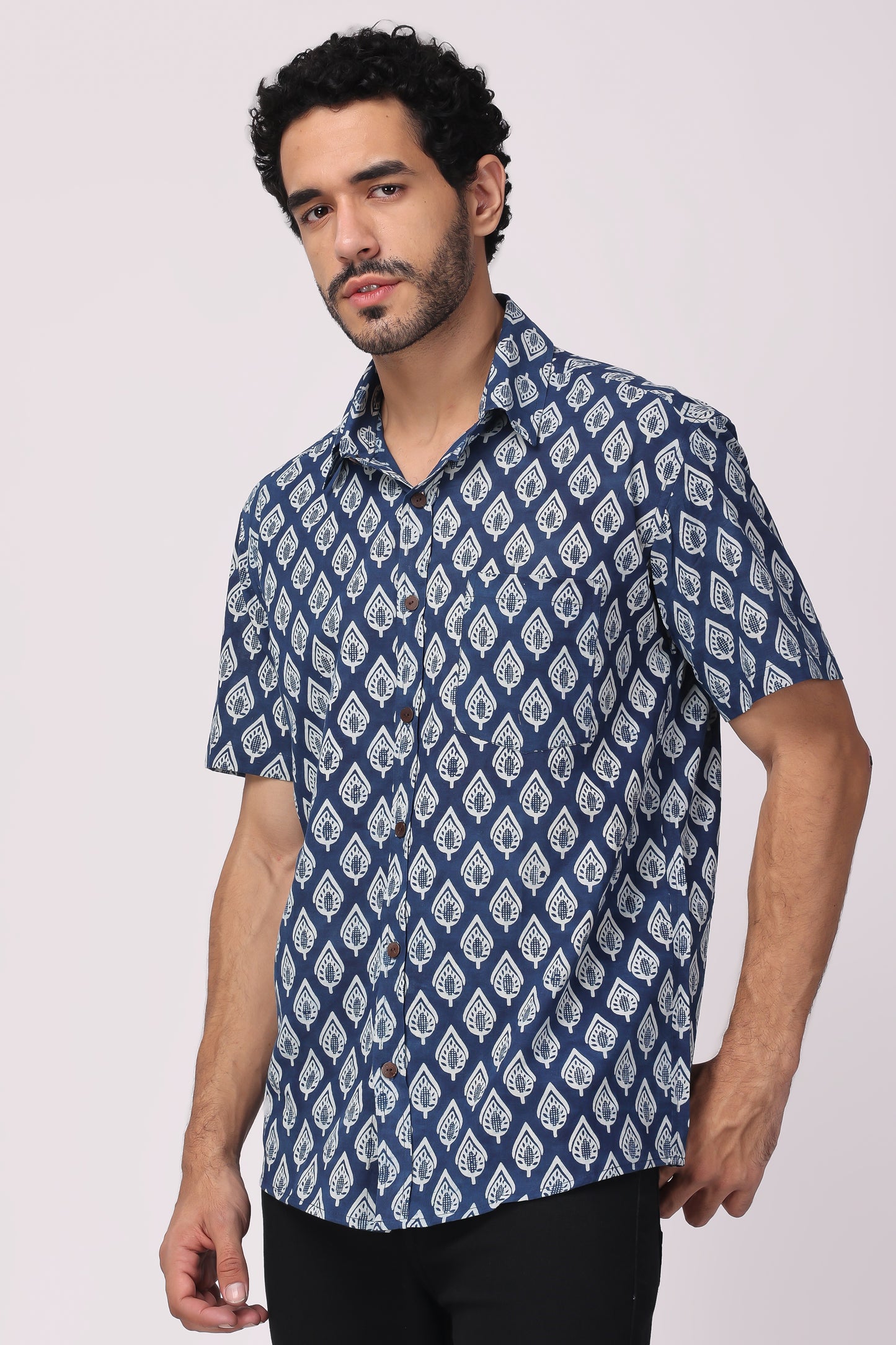 Men's handblocked Indigo/ leaf Pattern Organic cotton shirt