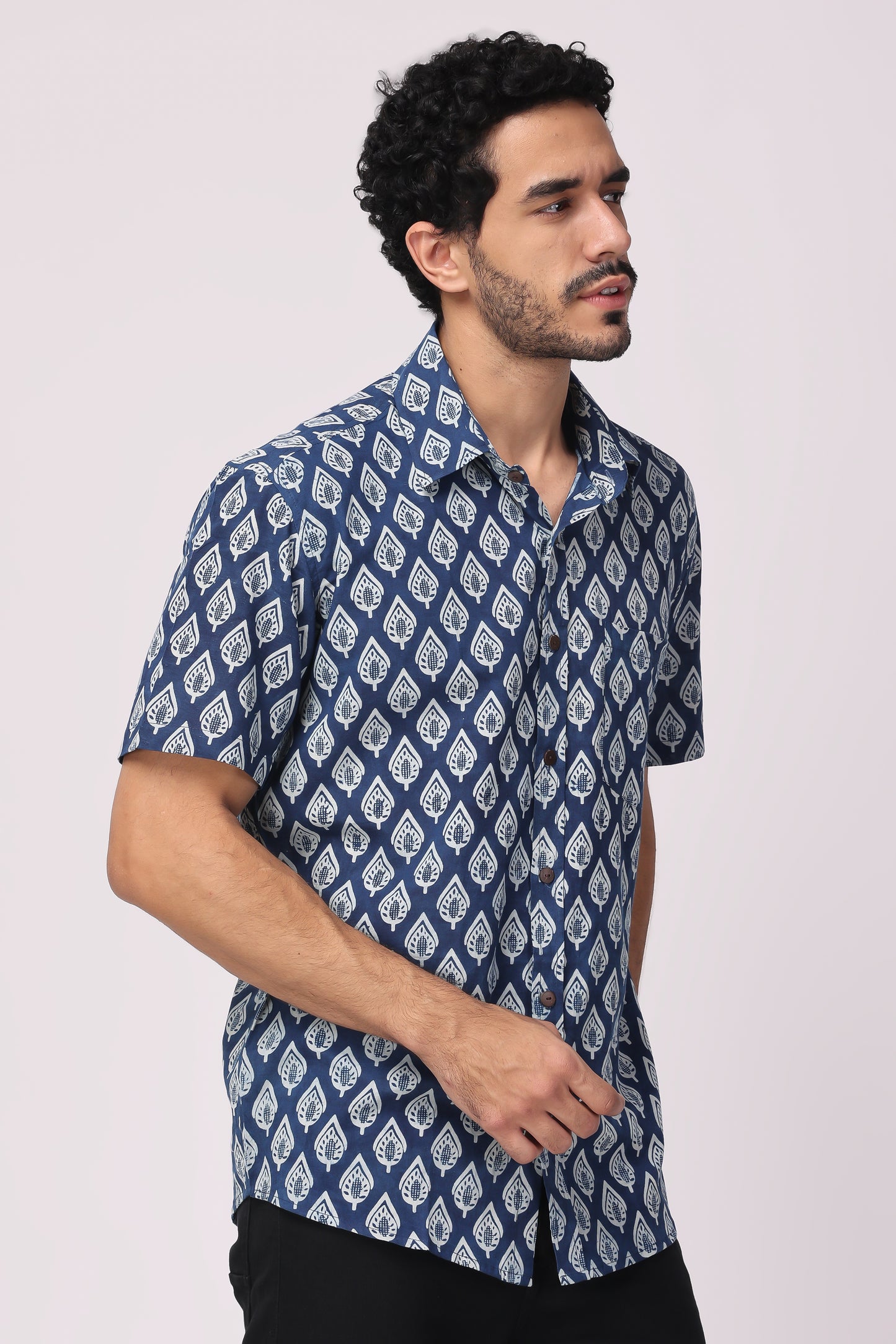 Men's handblocked Indigo/ leaf Pattern Organic cotton shirt