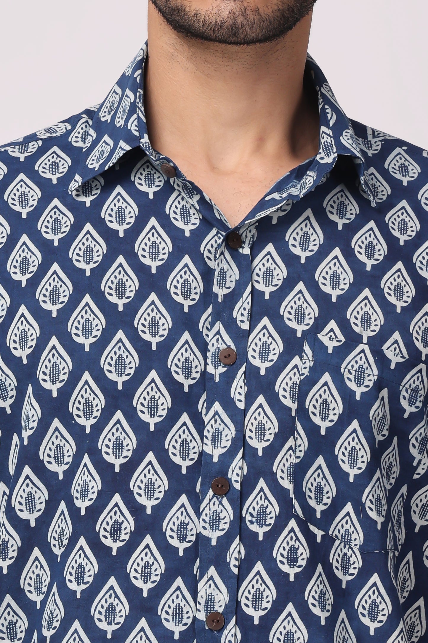 Men's handblocked Indigo/ leaf Pattern Organic cotton shirt