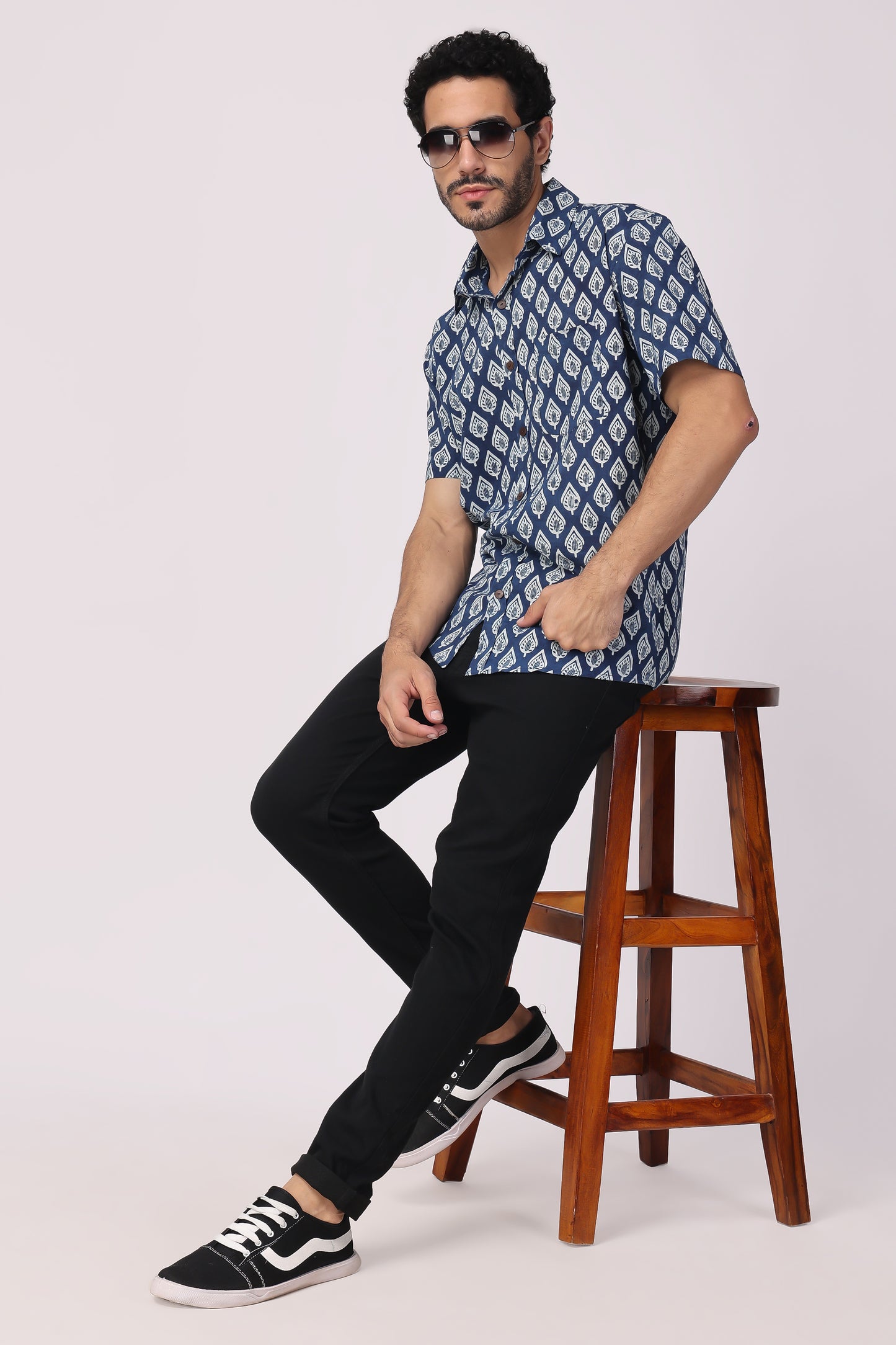 Men's handblocked Indigo/ leaf Pattern Organic cotton shirt