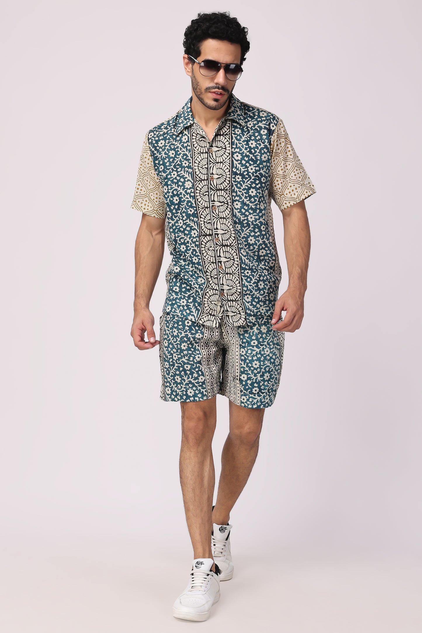 Men's Handblocked Floral /Peacock Design Organic cotton Co-Ord set