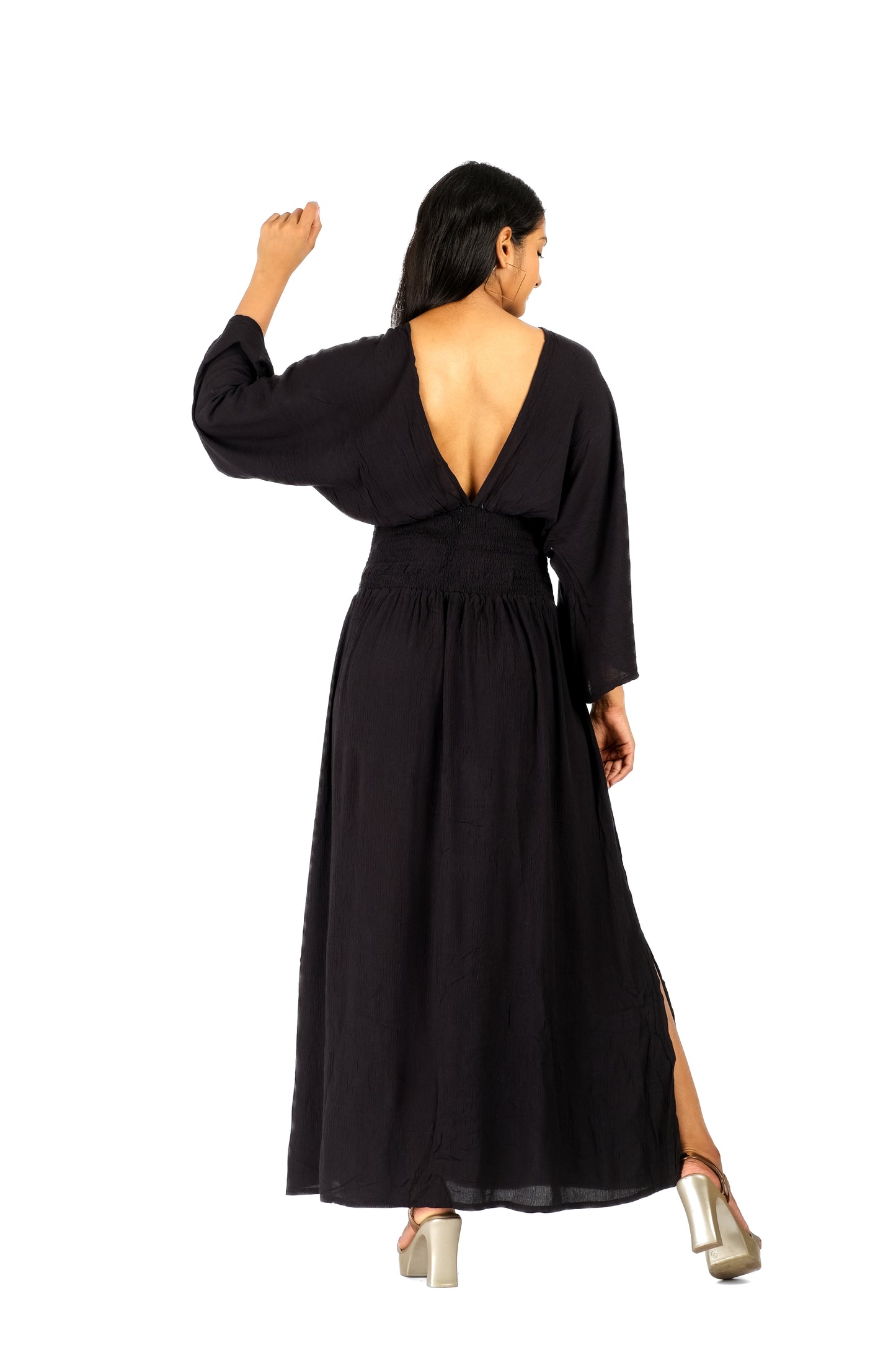 Women's black rayon waist band maxi dress