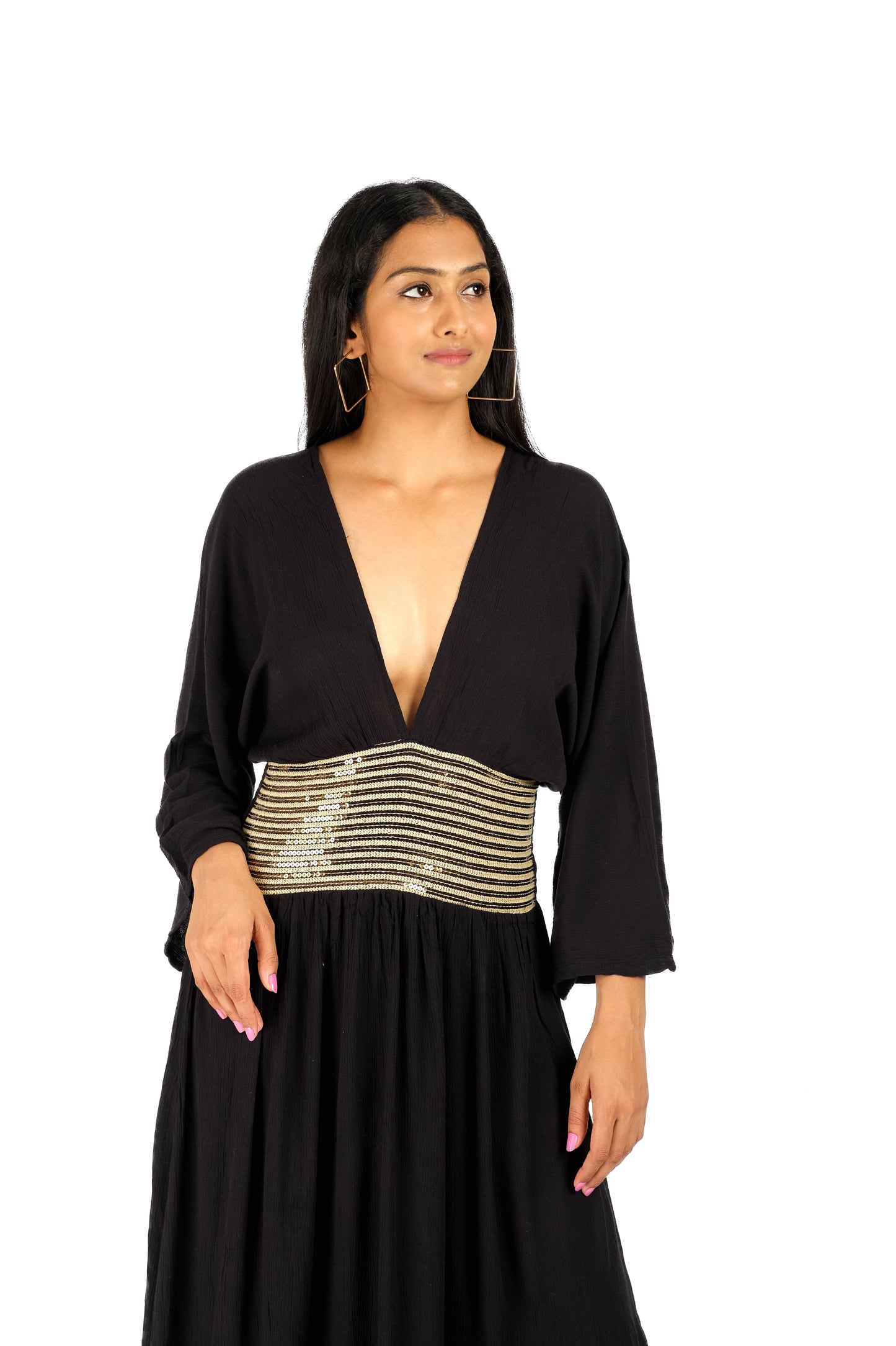 Women's black rayon waist band maxi dress