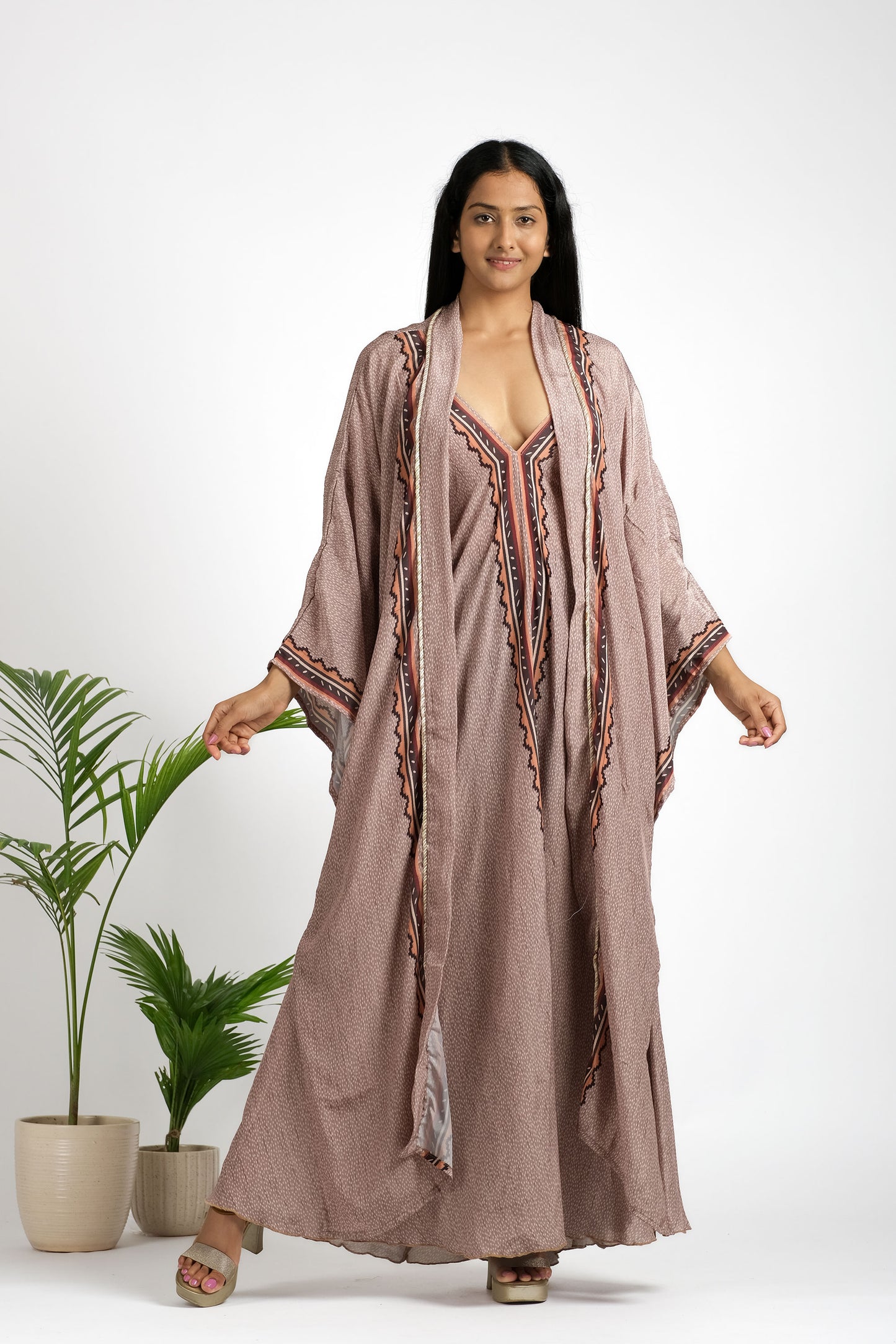 Women's tribal paisley print silk kimono kaftan set