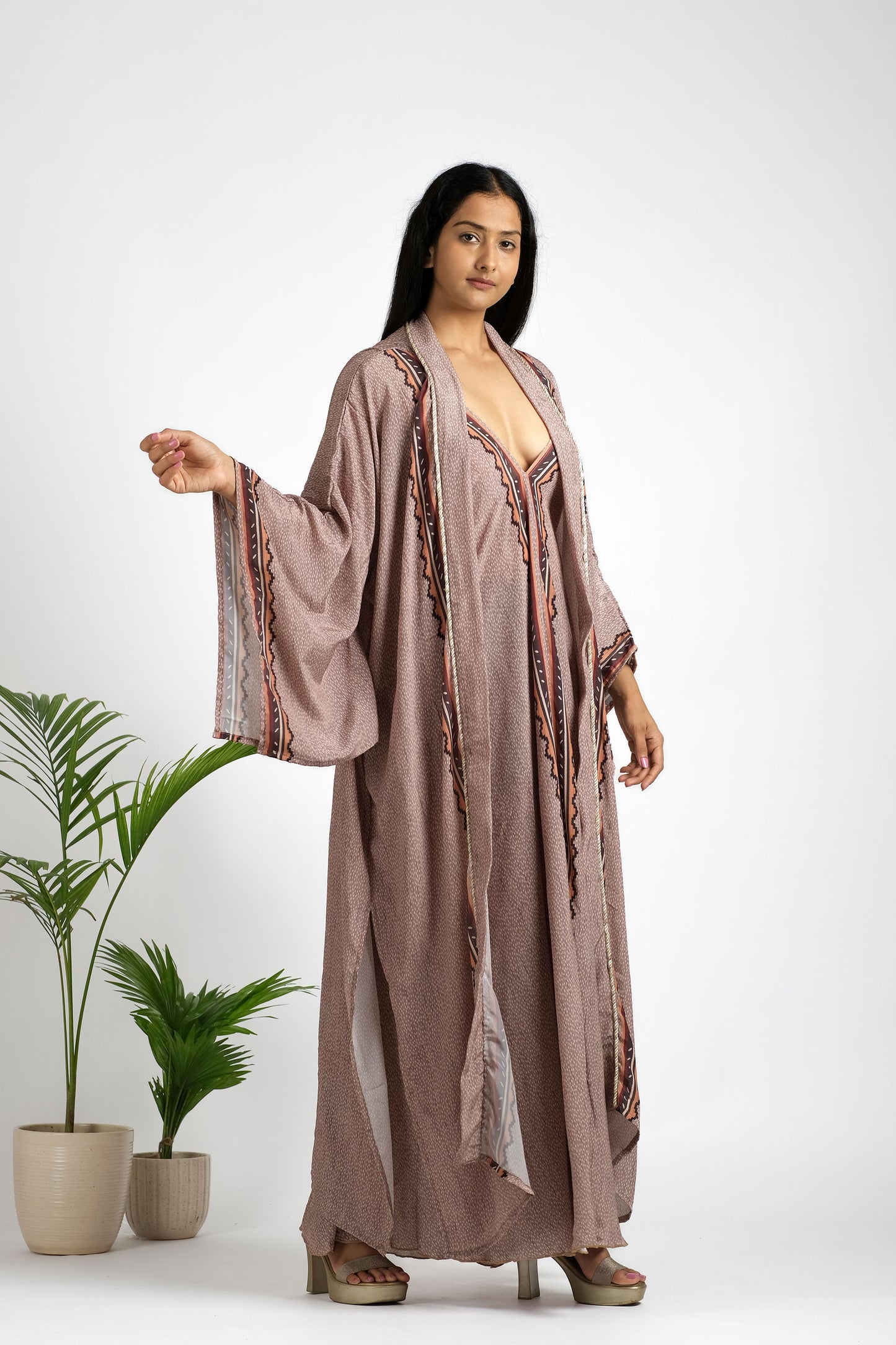Women's tribal paisley print silk kimono kaftan set