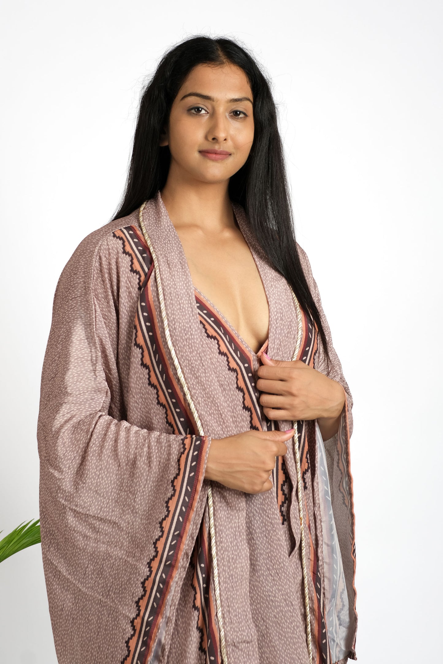 Women's tribal paisley print silk kimono kaftan set