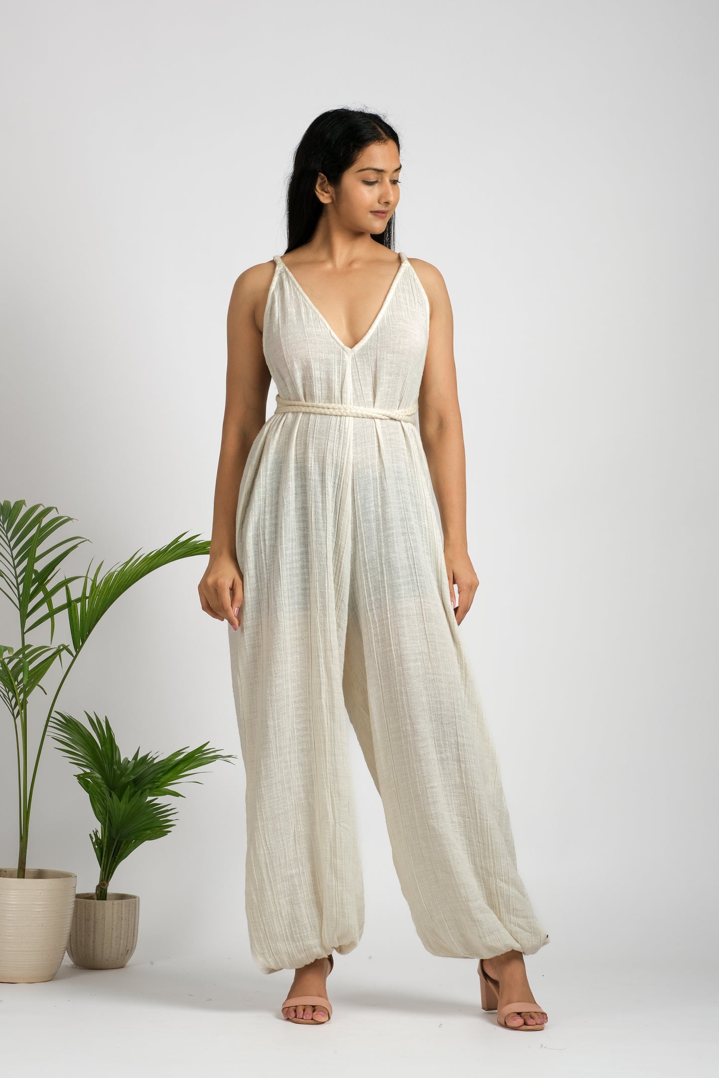 Women's cotton- linen crisscross strap jump suit