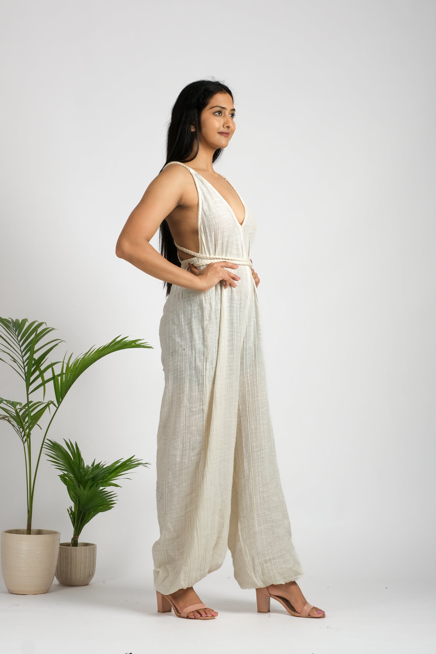 Women's cotton- linen crisscross strap jump suit