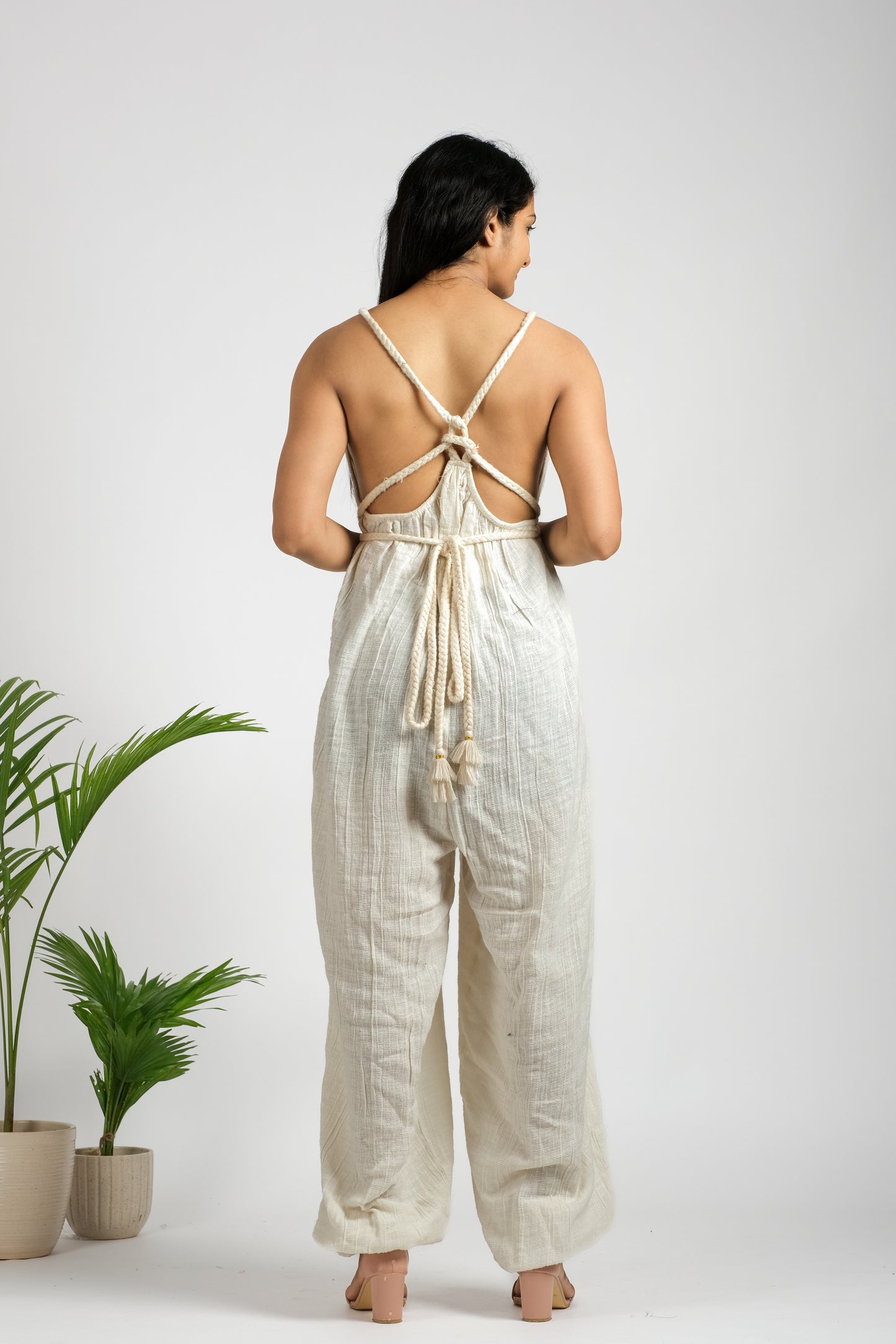 Women's cotton- linen crisscross strap jump suit