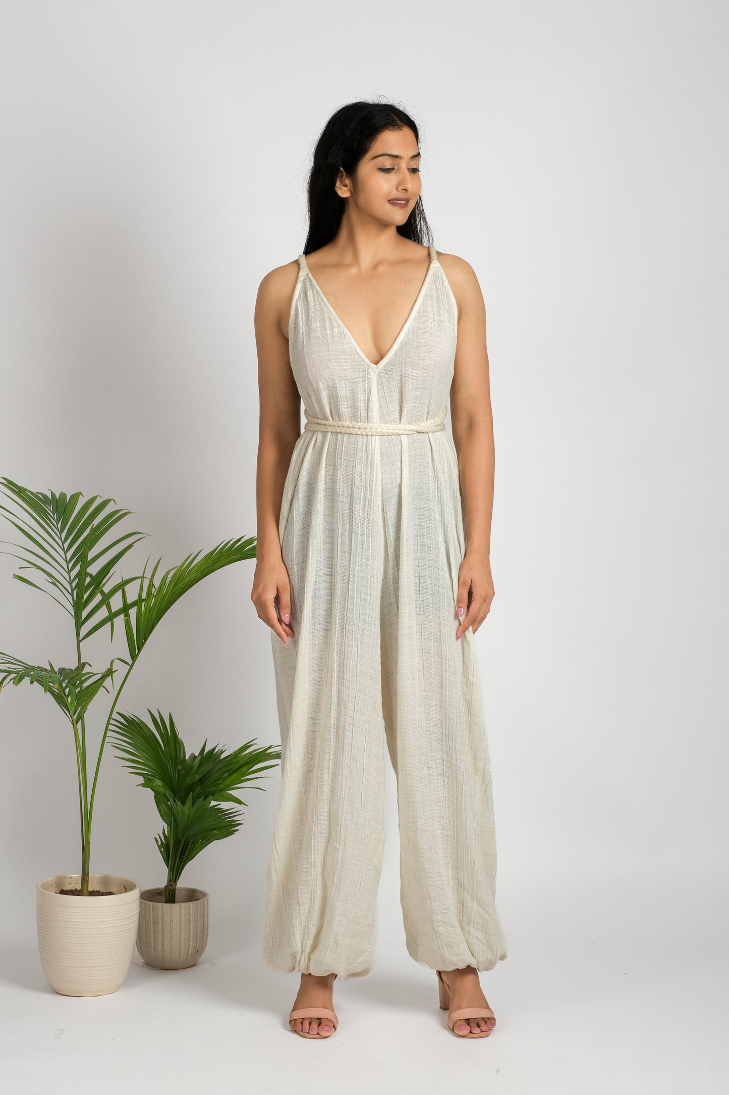 Women's cotton- linen crisscross strap jump suit