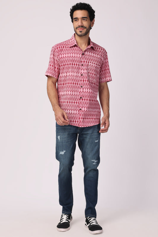 Men's Hand block Ikat printed Organic cotton Shirt (Pink)