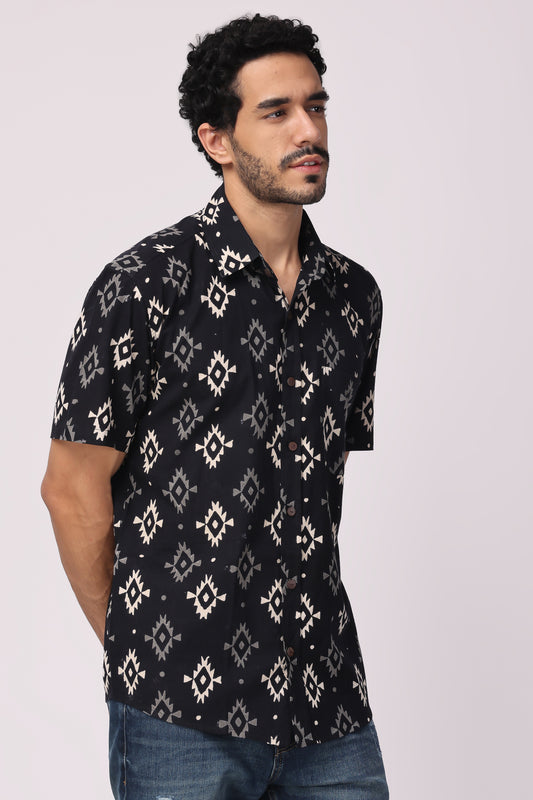 Men's handblocked boho black organic cotton shirt