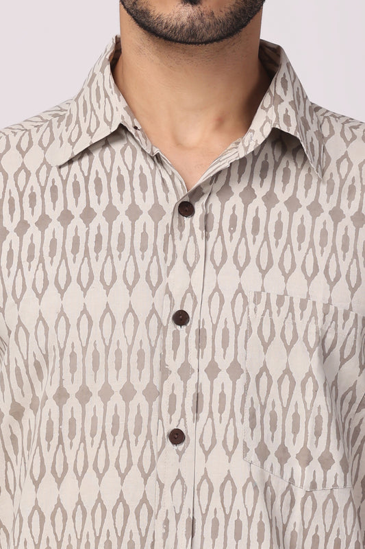 Men's handblocked beige /ikat organic cotton shirt