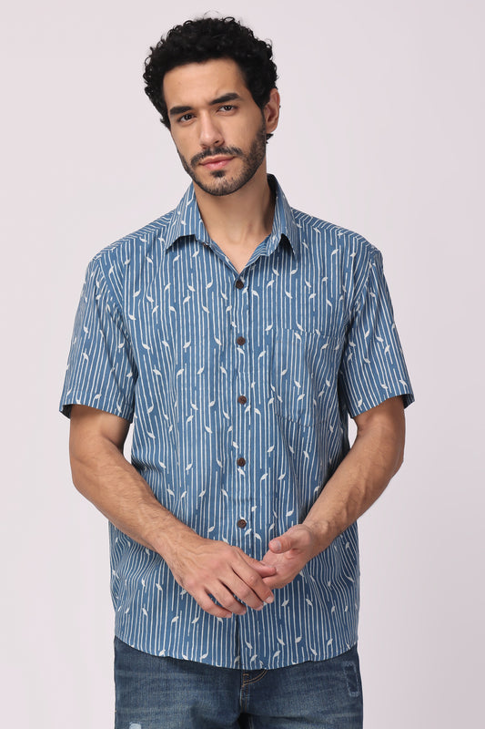 Men's Handblocked indigo / lehriya organic cotton shirt