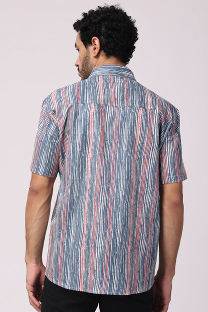 Men Handblocked Indigo/ Multicolor Striped Organic Cotton Shirt