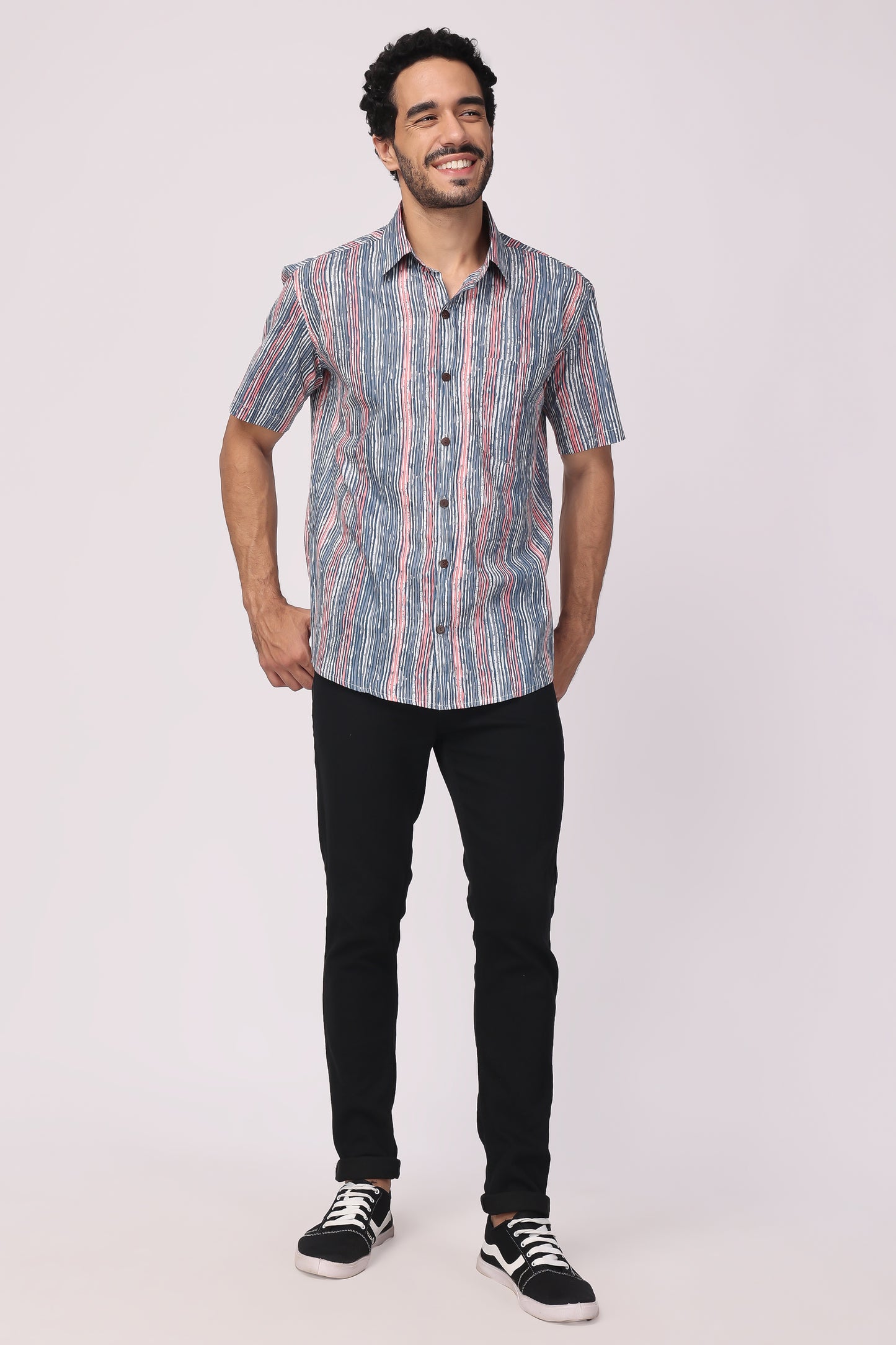 Men Handblocked Indigo/ Multicolor Striped Organic Cotton Shirt