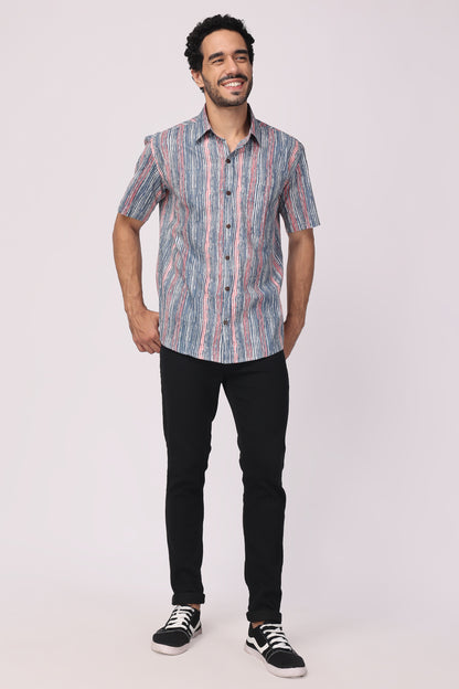Men Handblocked Indigo/ Multicolor Striped Organic Cotton Shirt